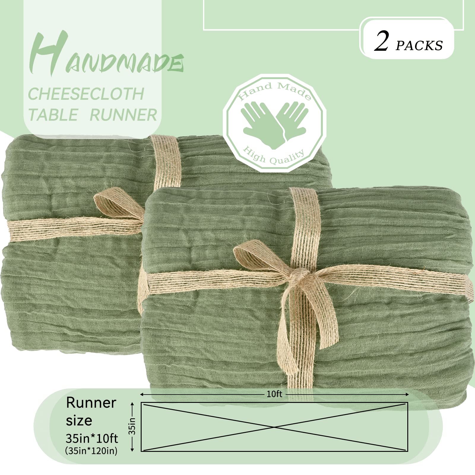 VINEST Lot De 2 Chemins De Table Vert Sauge 90x400cm En Gaze De Coton, Avec 8 Pinces, Pour Mariage, Banquet, Fête