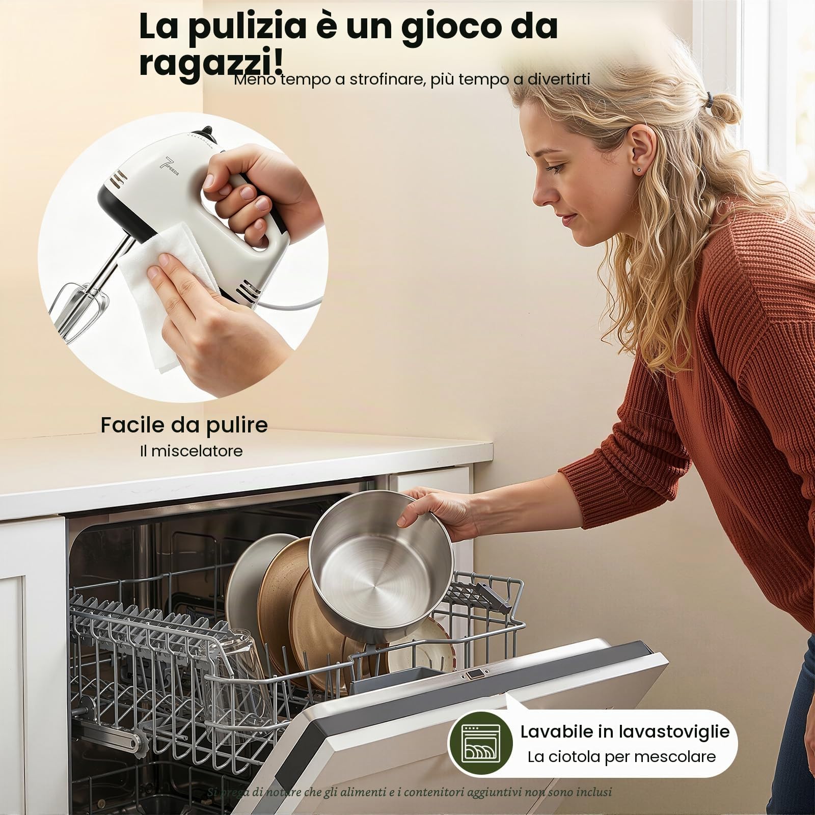 Macchina da cucina da 100 W, impastatrice con ciotola in acciaio inox da 1,7 l, 7 velocità, con 2 frullatori, robot da cucina per impasto del pane