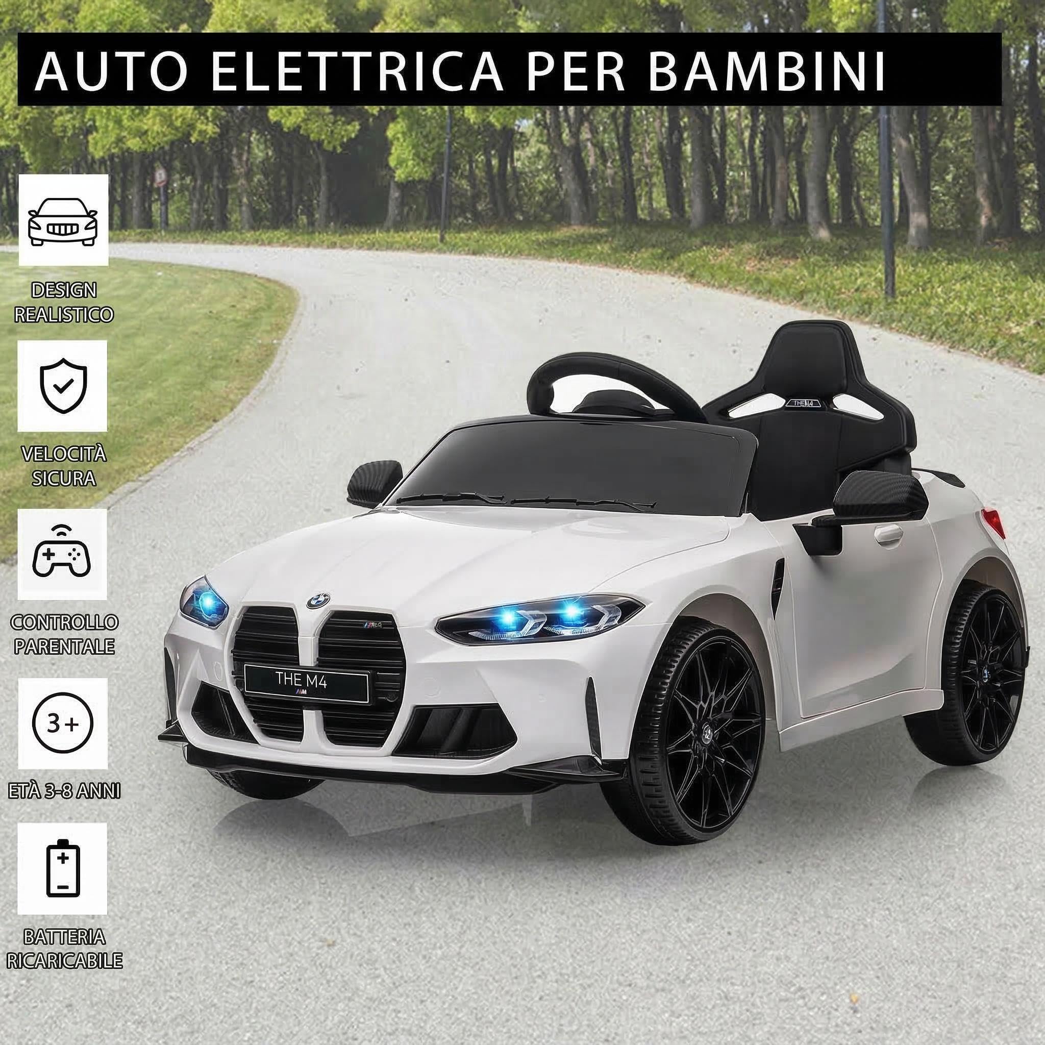 Macchina Elettrica per Bambini 3-6 Anni, BMW M4, Auto Elettrica Macchina 12V con Telecomando Parentale 2,4G, Luci LED, Suoni Realistici, Soft Start e Cintura di Sicurezza, Bianco