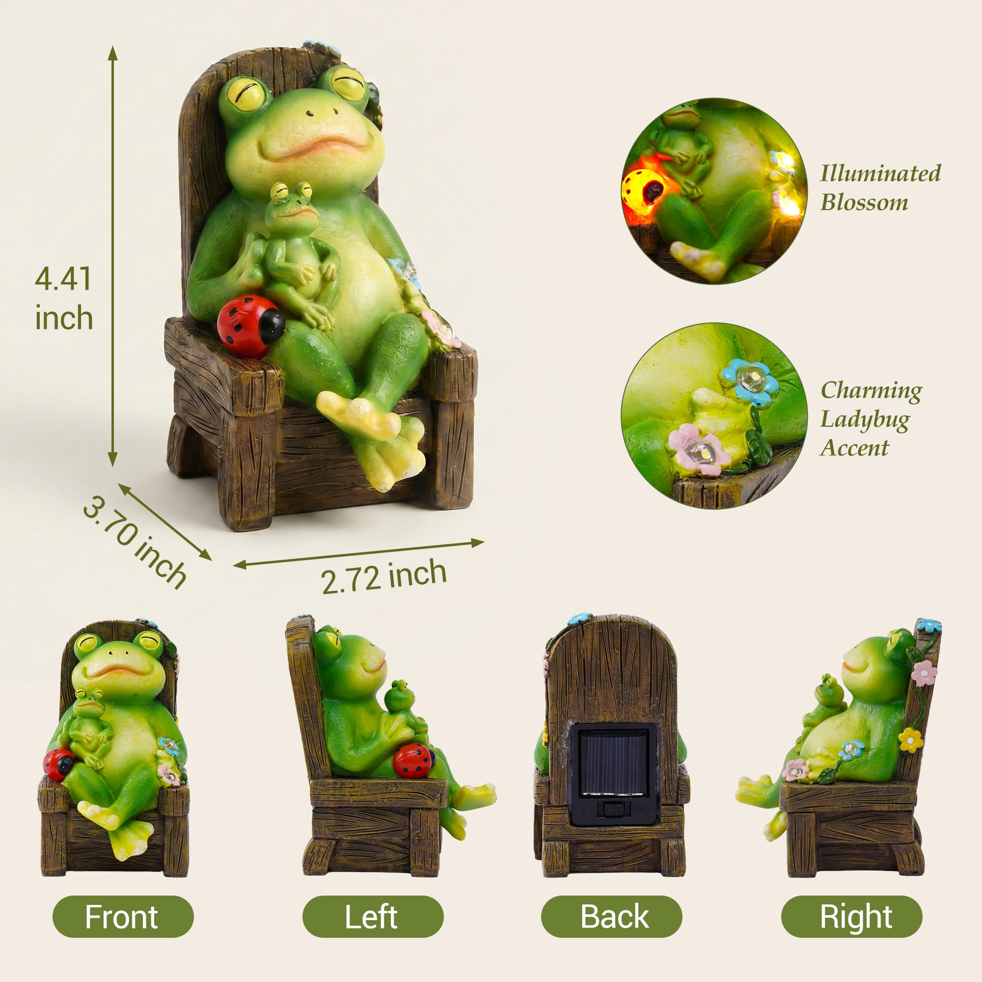 Yeomoo Statuette da giardino a energia solare con coccinelle e fiori, decorazione da giardino per esterni, divertente rana madre con bambino su sedia a dondolo, decorazione per soggiorno, giardino
