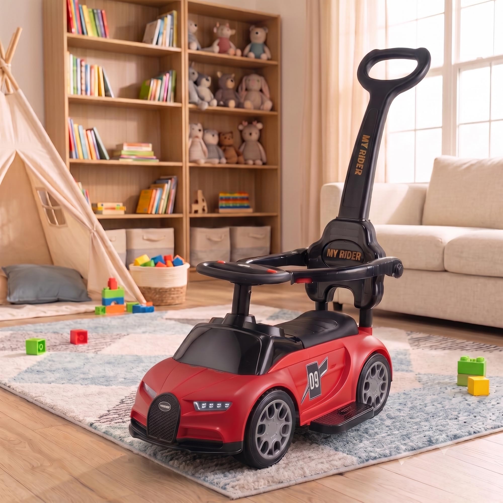 Bugatti-Inspired Ride On Car for Kids | Push Ride On with Removable Parental Handle, Safety Guard, Backrest, Footrest, LED Lights, Music & Storage | Sports Ride-On Car for Kids 1-5 Years-image-8