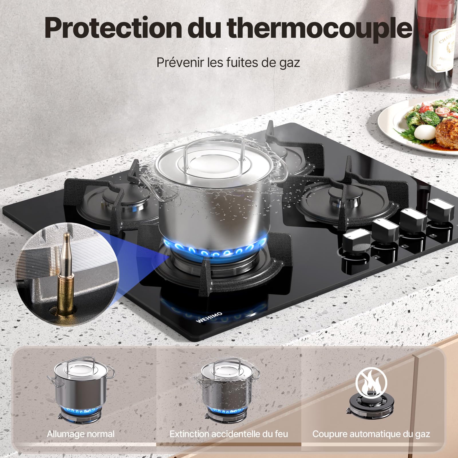 Plaque de Cuisson Gaz 4 Feuxs Encastrable 60cm 7800W Grille Fonte Verre Noir