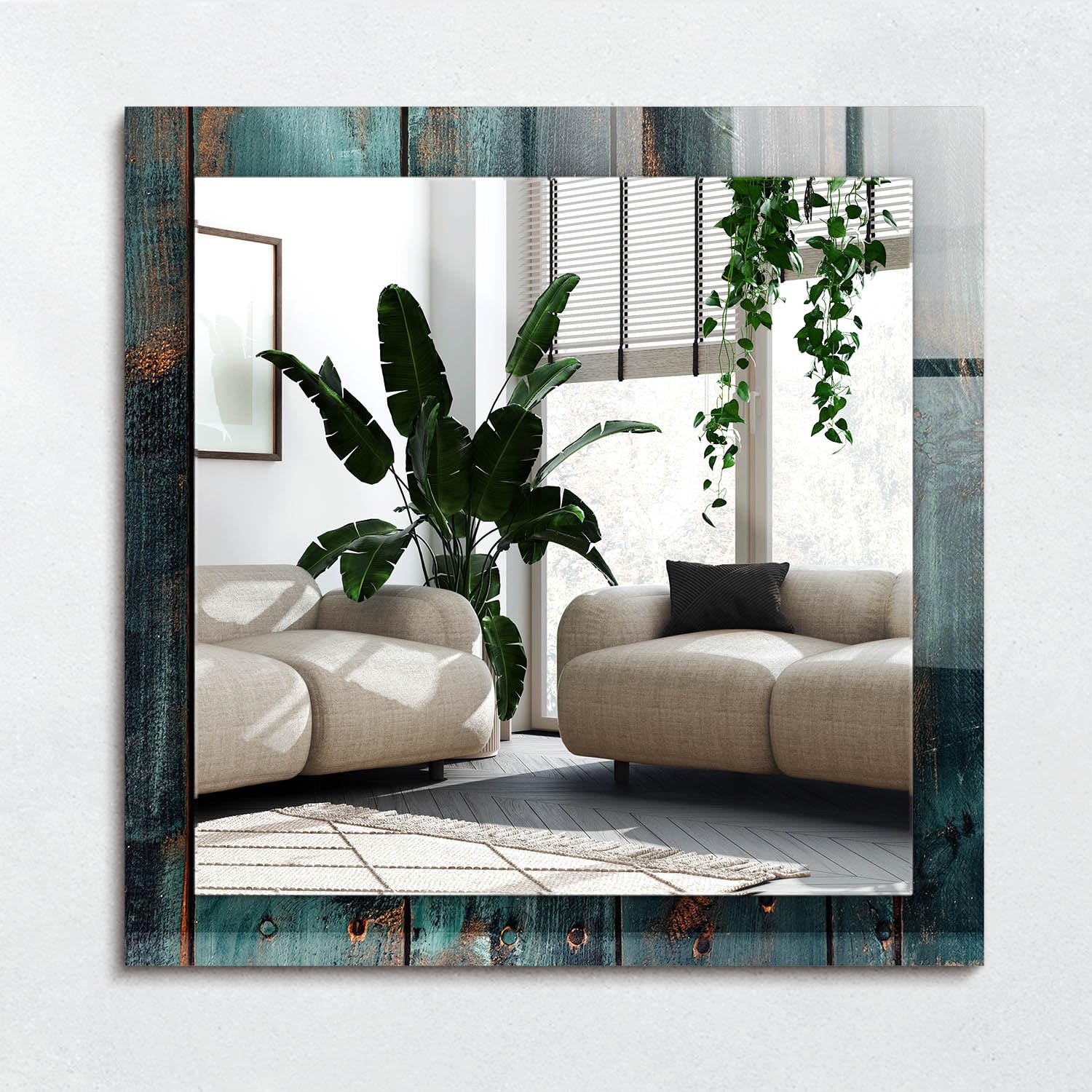 Miroir avec impression pour salle de bain et salon déco planches vertes en bois 60x60