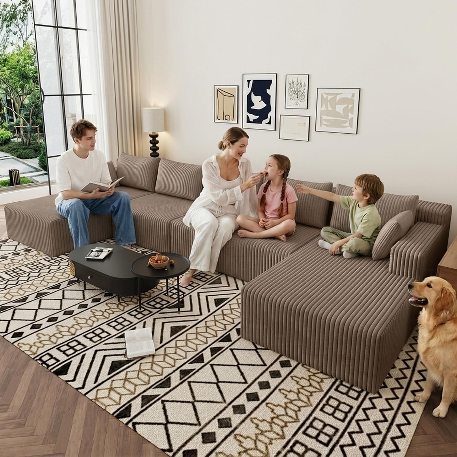 160" U-Shape Cloud Couch, Modern Modular Sectional U-Shape Sofa, Corduroy Boneless Couch Upholstered Couches Deep Seat Sleeper Chaise Longue for Living Room, No Assembly Required,Camel