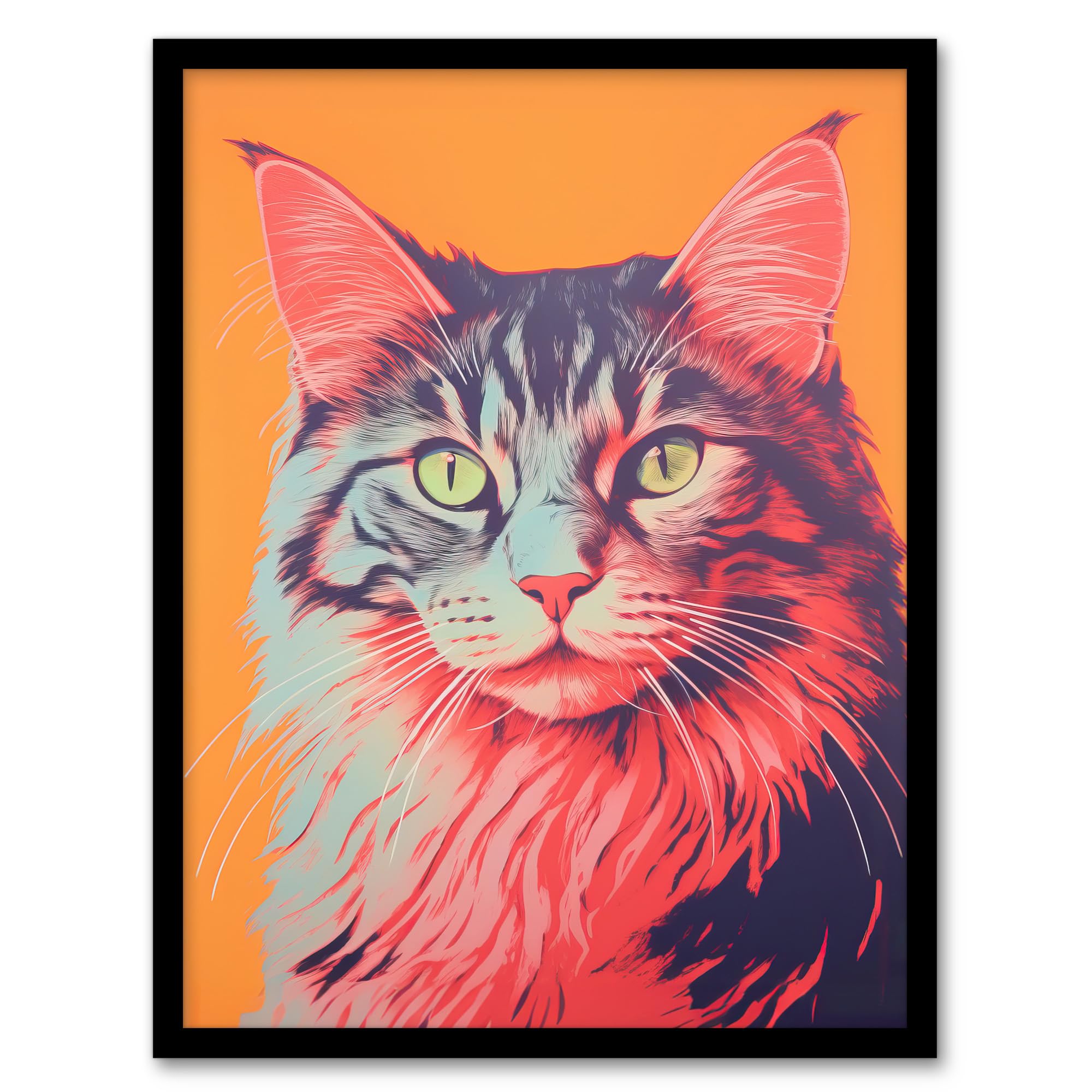 Artery8 Maine Coon Cat Screen Print Risograph Artwork Spot Block Colour Duotone Retro Riso Interior Design Artwork Framed Wall Art Print 18X24 Inch