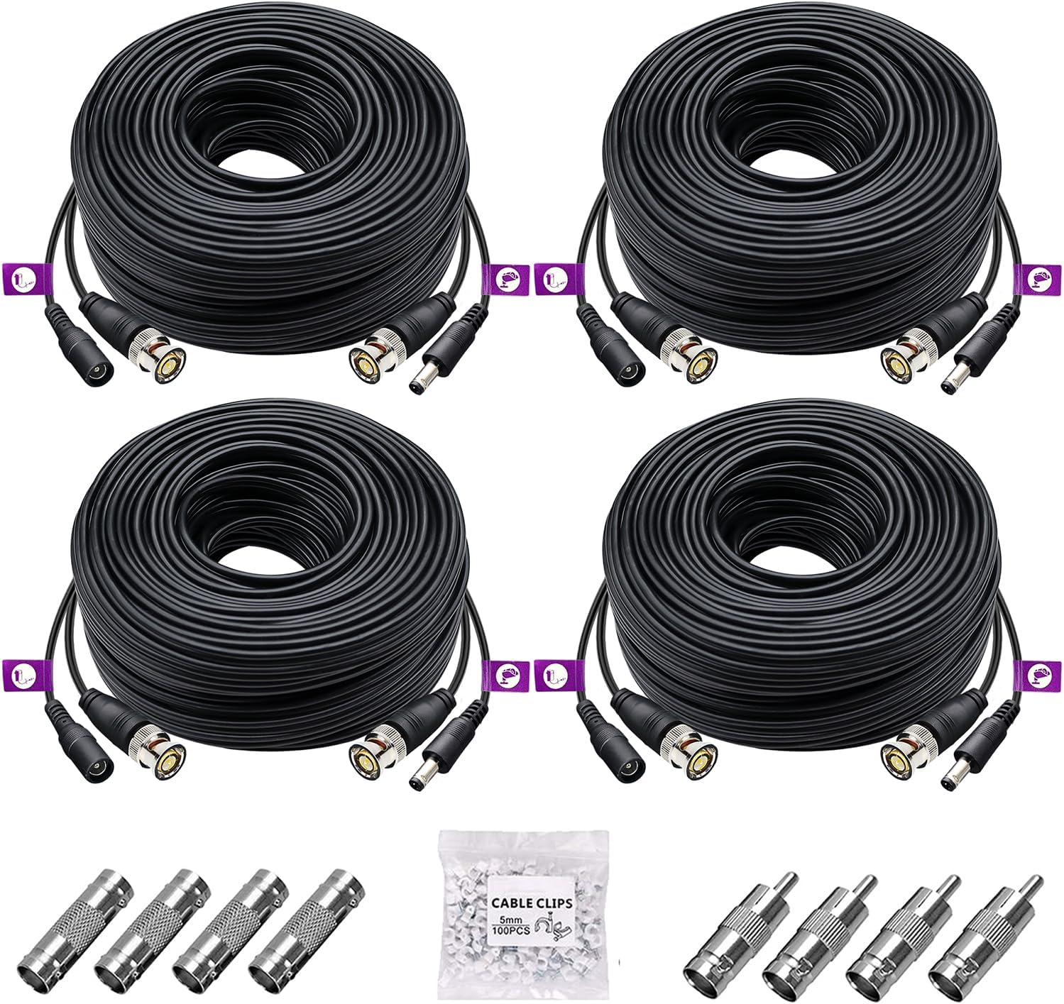 4 Pack 100Ft/30M 4K 8MP 5MP All-in-One BNC Video Power Cable, BNC Extension Surveillance Camera Wires for CCTV Camera DVR Systems (8pcs BNC Connectors, 100pcs Cable Clips Included)