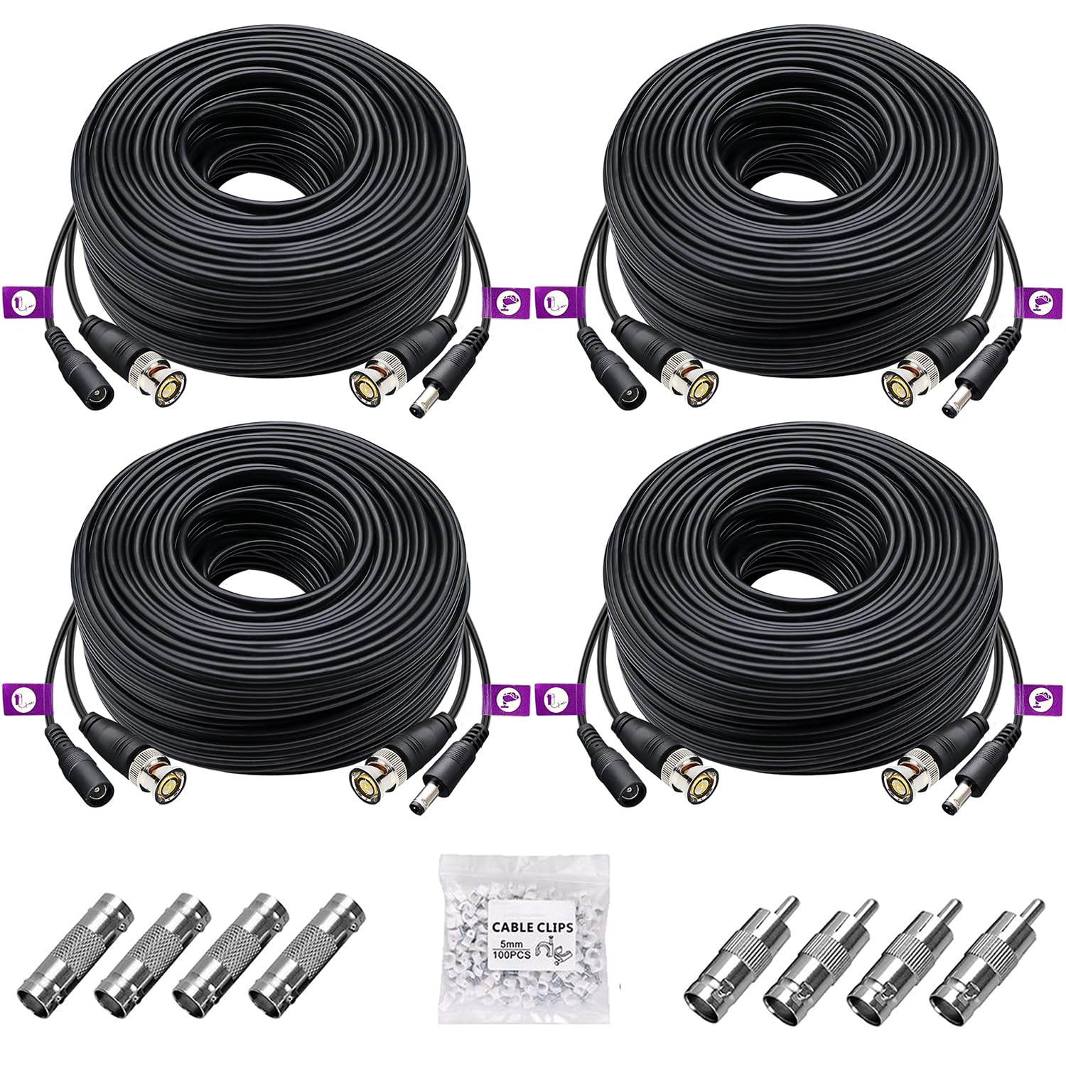4 Pack 100Ft/30M 4K 8MP 5MP All-in-One BNC Video Power Cable, BNC Extension Surveillance Camera Wires for CCTV Camera DVR Systems (8pcs BNC Connectors, 100pcs Cable Clips Included)