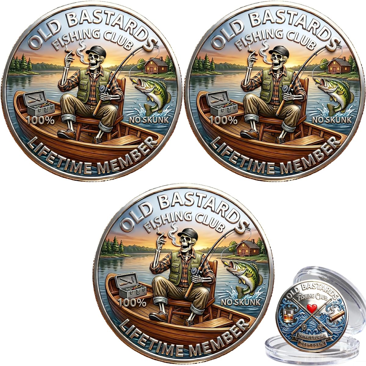 The Eternal Fisherman’s Challenge Coin, Old Bastards Fishing Club No Skunk Challenge Coin, Funny Whiskey Cigar Fishing Commemorative Coin, Fishing Humor Gift for Fishermen Men Friends (3PCS)