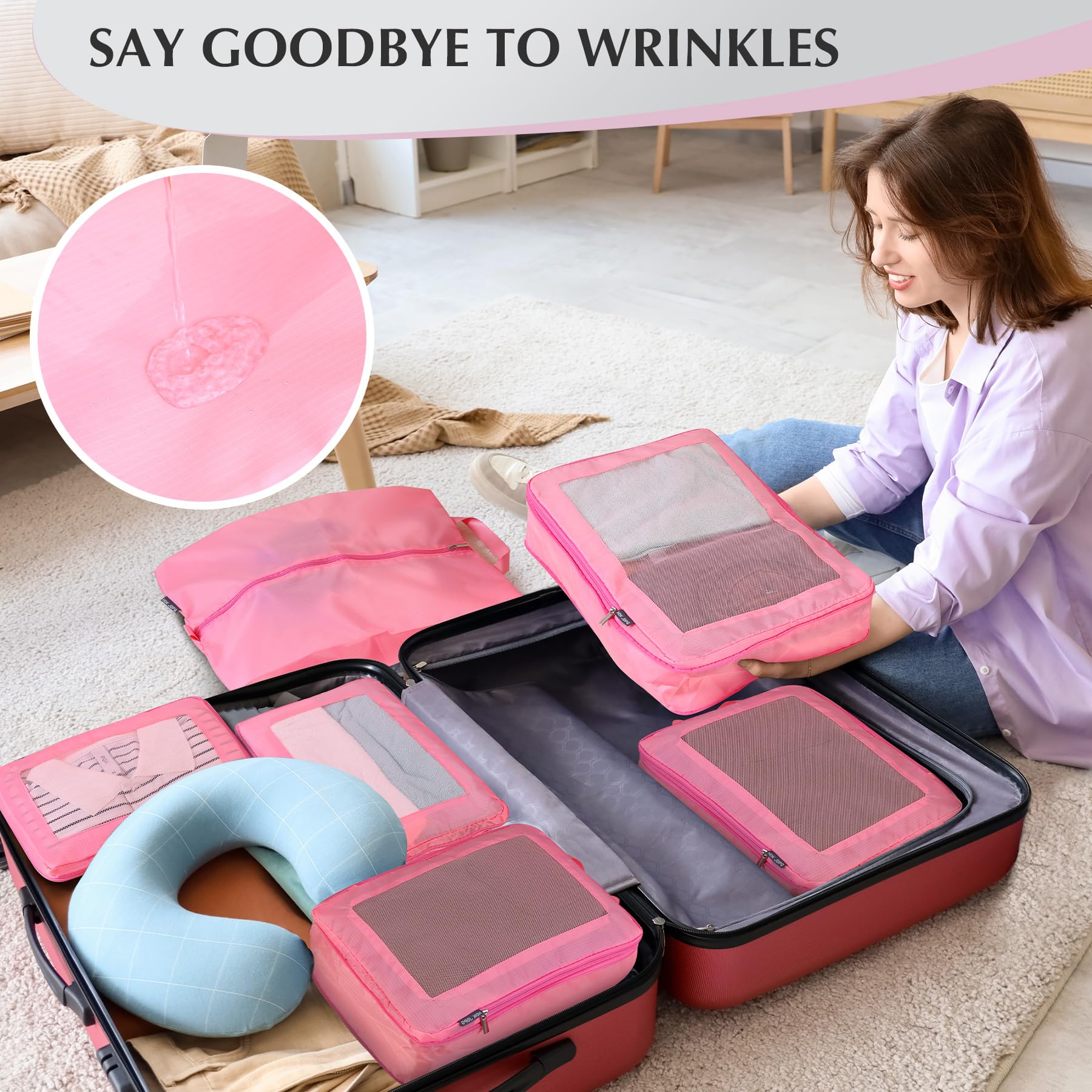 Ultraleichte Kompressions-Verpackungswürfel für Koffer, Handgepäck, komprimierbare Netz-Verpackungswürfel für Reisen, Damen, Reiseutensilien, mit Schuhbeutel, 6er-Set, Rosa