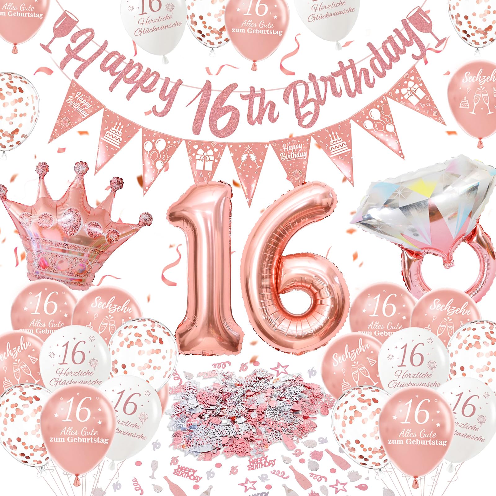 Deko 16. Geburtstags Mädchen, Roségold Luftballons 16 Jahre Geburtstagsdeko, 16 Alles Gute zum Geburtstag Ballons, Geburtstagsdeko 16 Happy Birthday Banner für Freundin Tochter