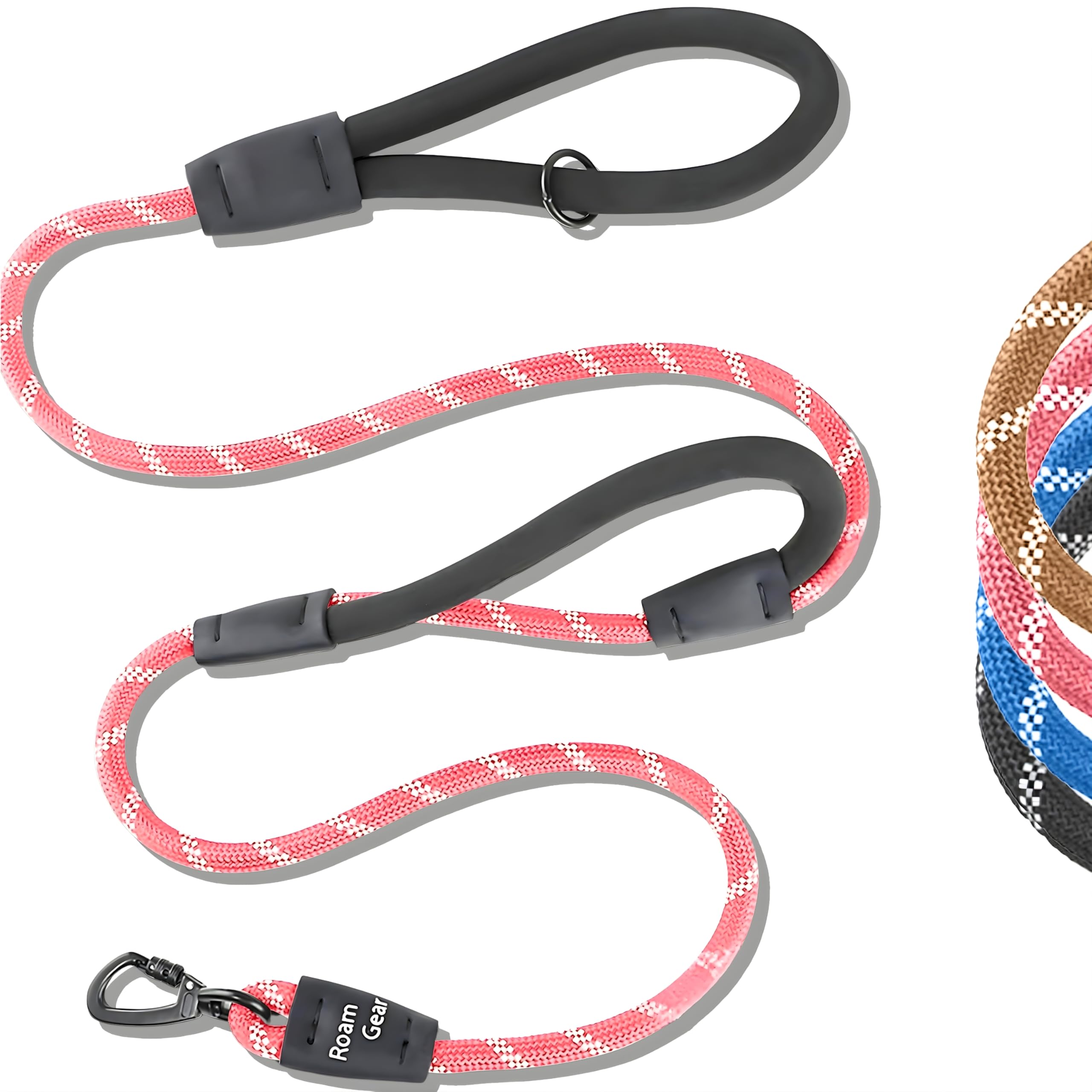 6 Foot Dog Leash, Two Extra Padded Handles, Locking Carabiner Clip, Reflective for Night Visibility, Weatherproof, Heavy Duty Rope Leash, Roam Gear (Pink)