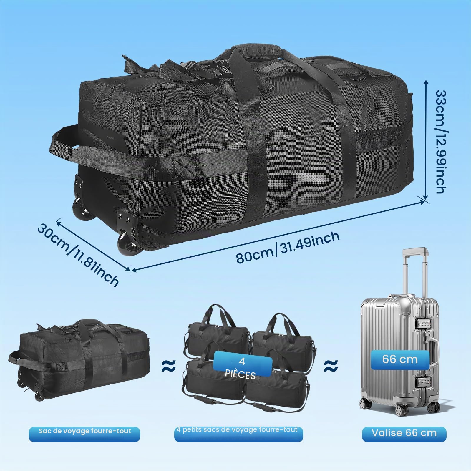 Sac de voyage pliable avec roulettes - Grand format - 80 l - 3 en 1 - 80 x 30 x 33 cm - Sac Oxford imperméable avec 2 roulettes - Noir