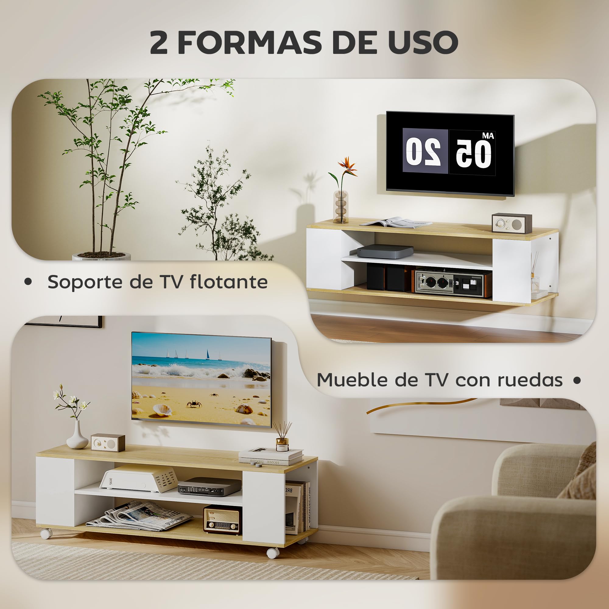 HOMCOM Mueble de TV con Ruedas, Mesa de TV Suspendido o de Pie, para Salón, con 4 Estantes Abiertos, para Televisión de 55 Pulgadas, Estilo Moderno, 120x40x38,5 cm, Natural y Blanco