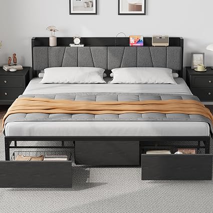 Amazon.com: GarveeHome King Size Bed Frame with Storage Headboard ...