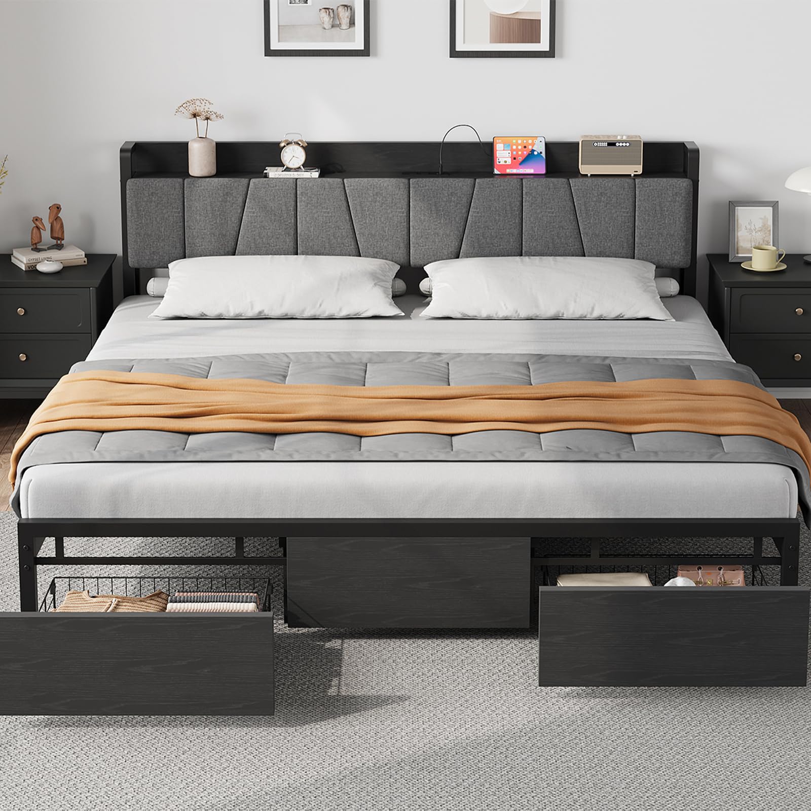 GarveeHome King Size Bed Frame with Storage Headboard Black King Platform Bed with 2 Large Drawers and Charging