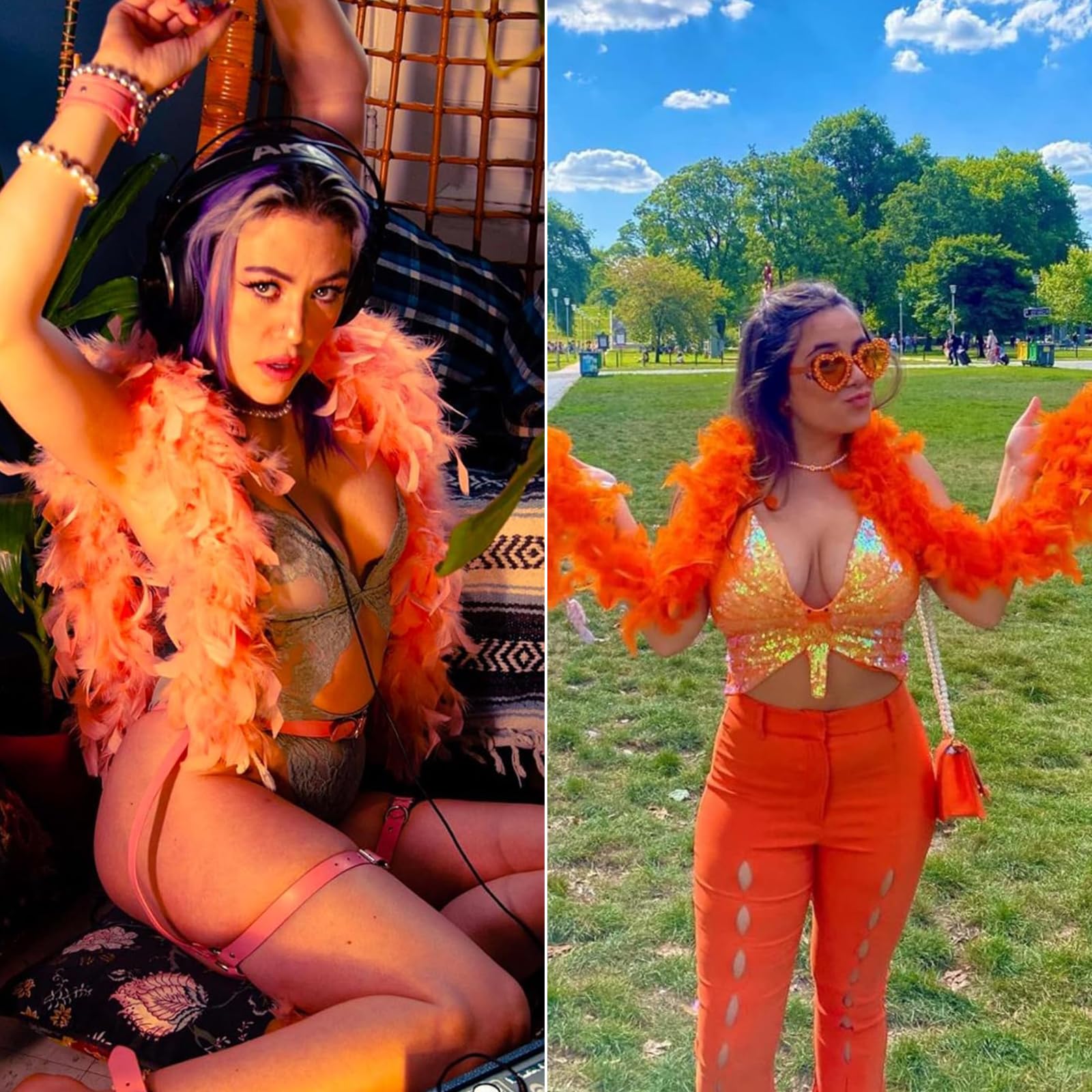 Feather Boa, 2m/6.6ft Natural Turkey Orange Feathers Boa And Orange Heart Sunglass - Image 4