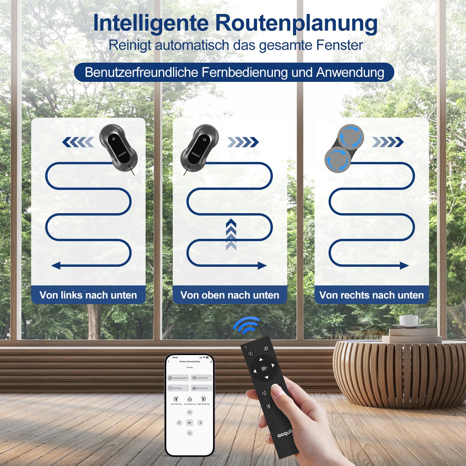 Intelligenter Fensterputzroboter, Elektrischer Fensterputzer mit Dual-Wasserspray, Automatischer Fensterroboter mit Fernbedienung und App, für Innen-und Außenfenster und Glas,Pfadplanung,Dark Grau