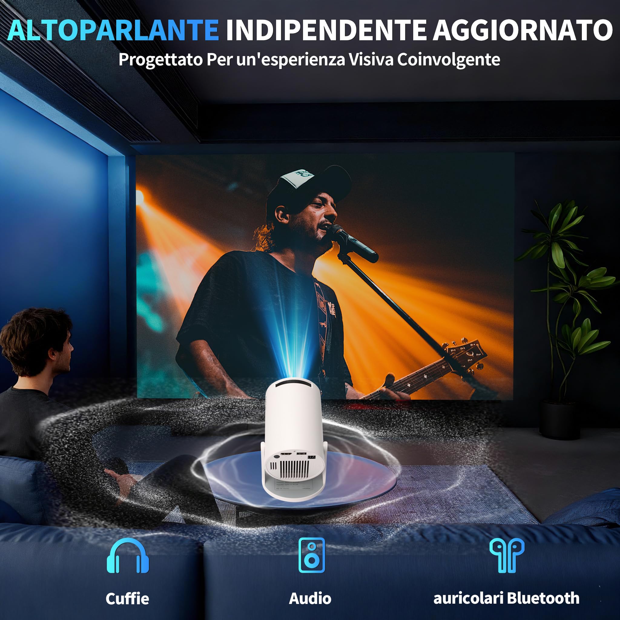 Mini Proiettore [App Integrata & 2026 Upgraded] Proiettore Portatile 4K 1080P con 5G WiFi 6 e BT 5.4 Supporta Rotativo 180° Correzione Trapezoidale Automatica Applicabile TV Stick/USB/HDMI,Bianco