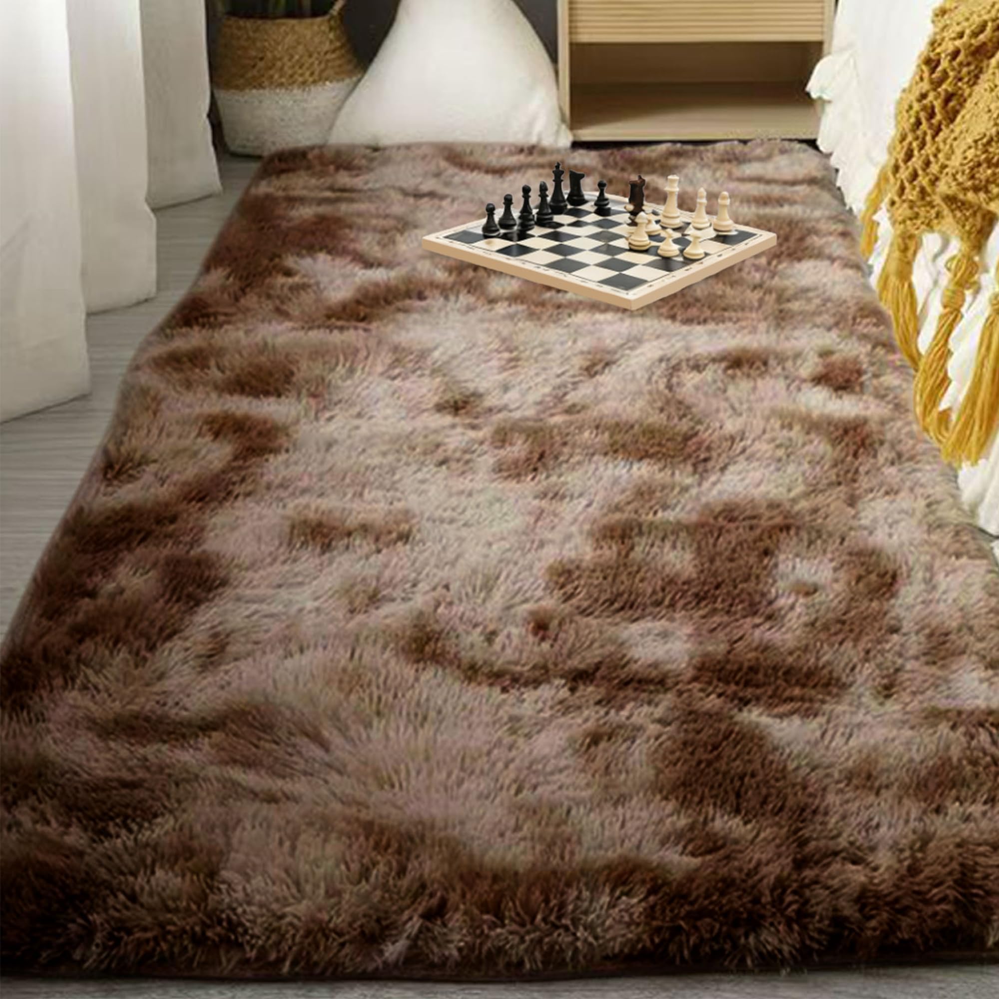 Tapis moelleux chambre doux et lavable en machine tapis shaggy marron