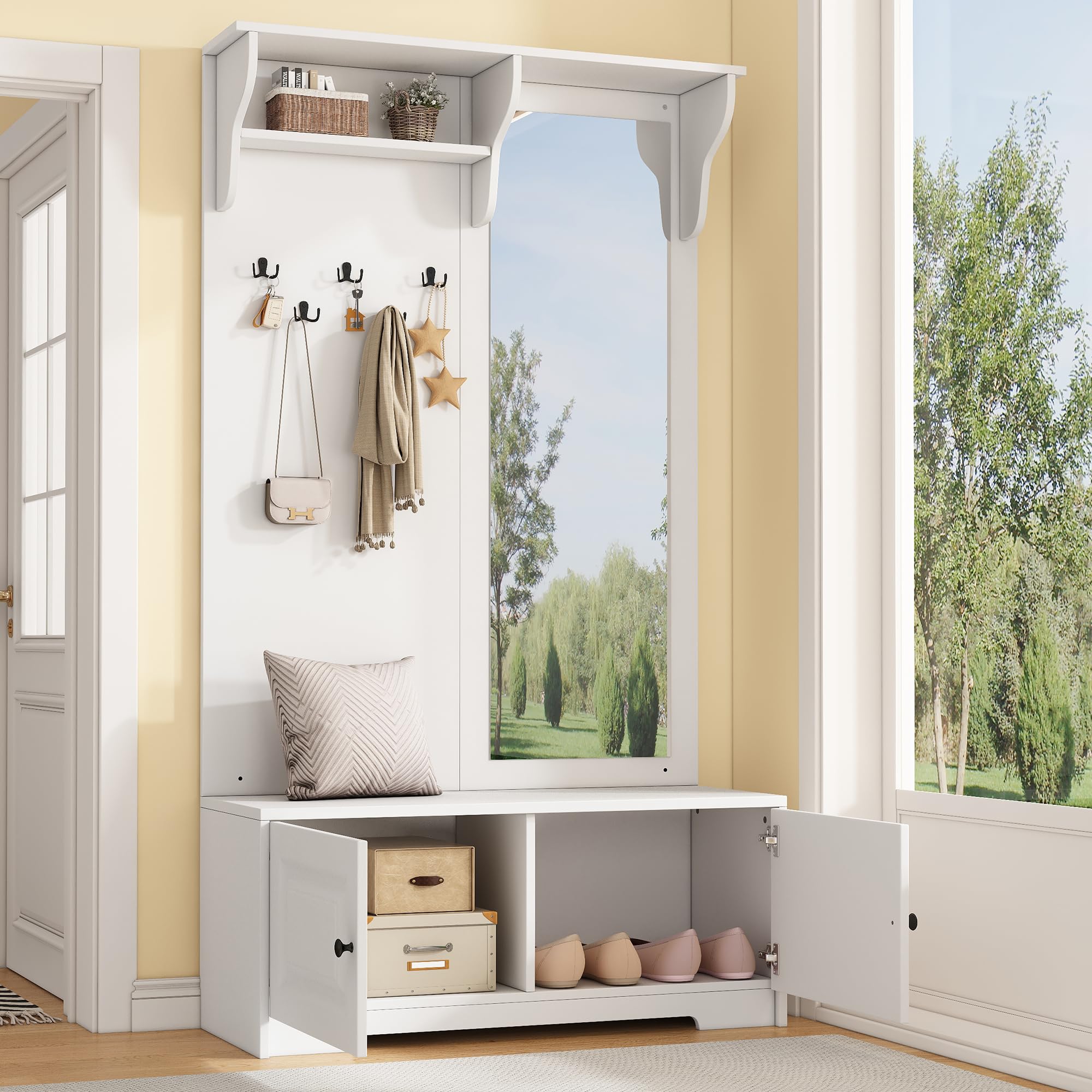 100 x 40 x 180 cm appendiabiti con specchio, 5 ganci per vestiti, 2 armadi e scaffali, appendiabiti con scarpiera, corridoio, guardaroba compatto, bianco