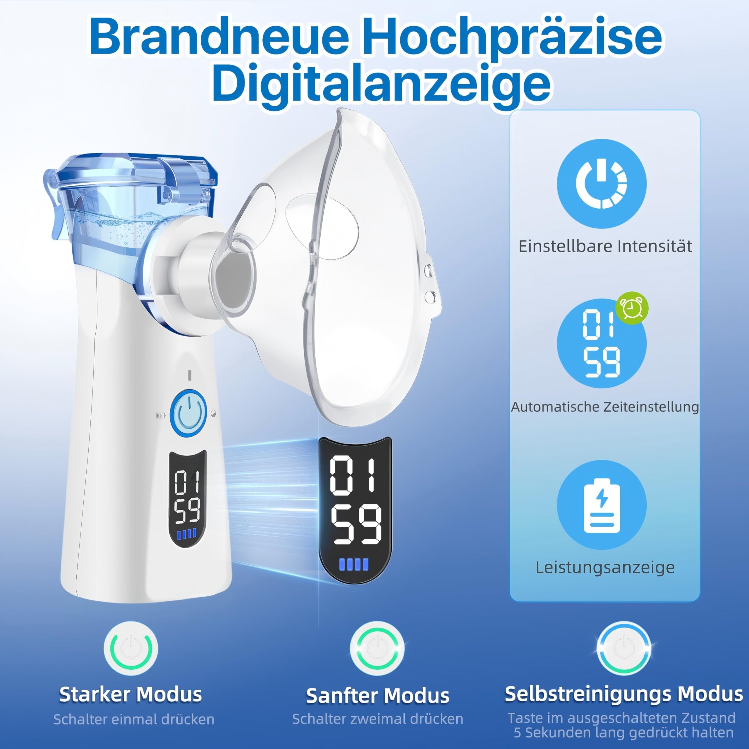 Inhalationsgerät Ultra Leise, Inhaliergeräte für Erwachsene Kinder LED-Bildschirm mit 3 Zeitgesteuerten Sprühmodi Tragbare Typ-C Aufladbar Inhalator mit 2 Masken 1 Mundstück