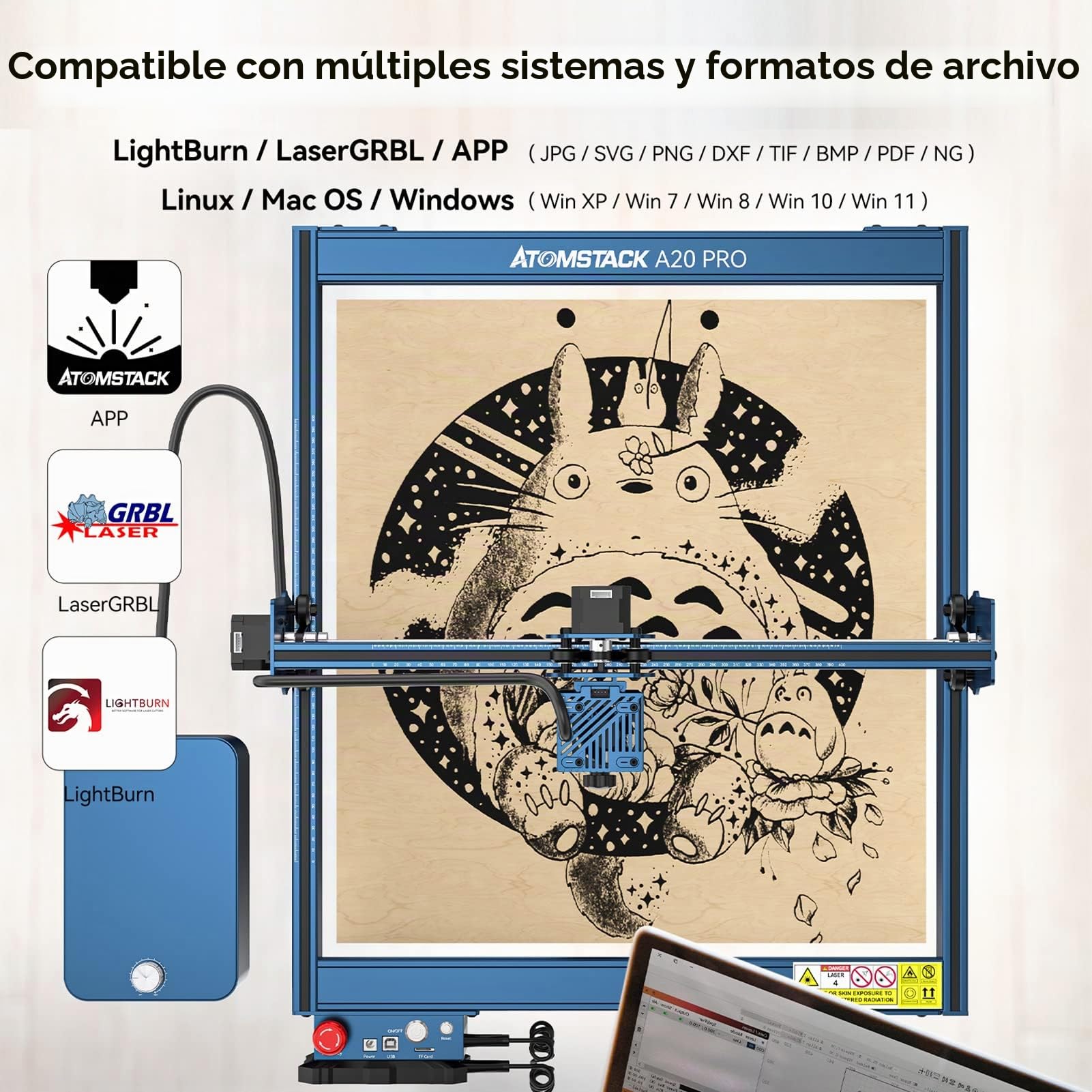 ATOMSTACK X20 PRO 130W Máquina de grabado láser 20 W con F30 30-60 L/min soporte de aire con dos bombas, control por aplicación para funcionamiento inalámbrico