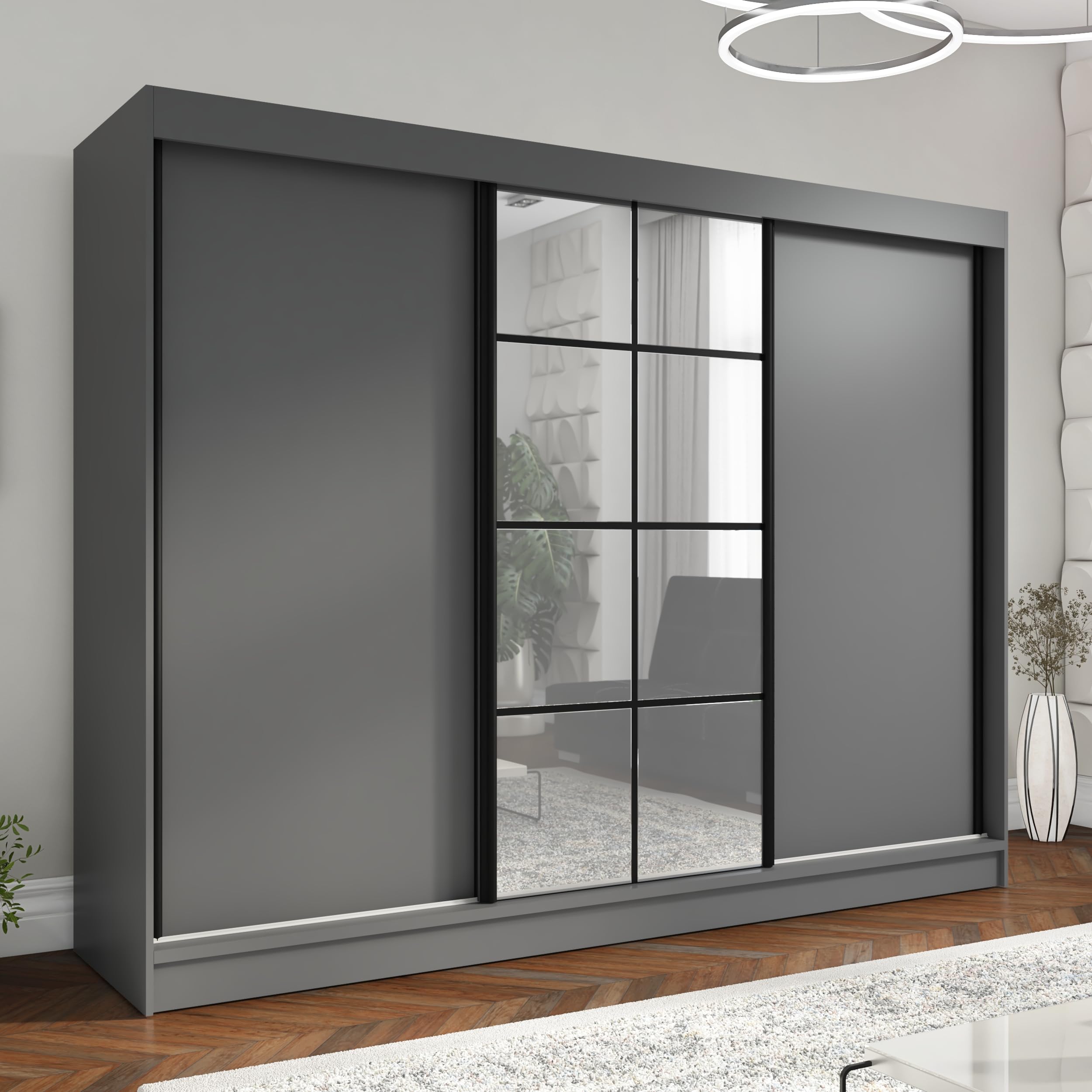 A&J MöbelLand Schwebetürenschrank ORAVELLE Kleiderschrank 3-türig mit Schubladen und Spiegel Garderobenschrank 200 cm (Graphit)