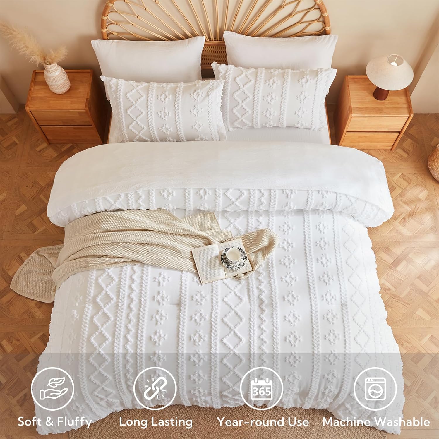 MR&HM Full Size Bed Sheets and Comforter Set White, 7 Pieces Tufted Boho Beddding Sets, Farmhouse Style Bed in a Bag with 1 Comforter, 2 Pillow Shams, 2 Pillowcases, 1 Flat Sheet, 1 Fitted Sheet - Image 2