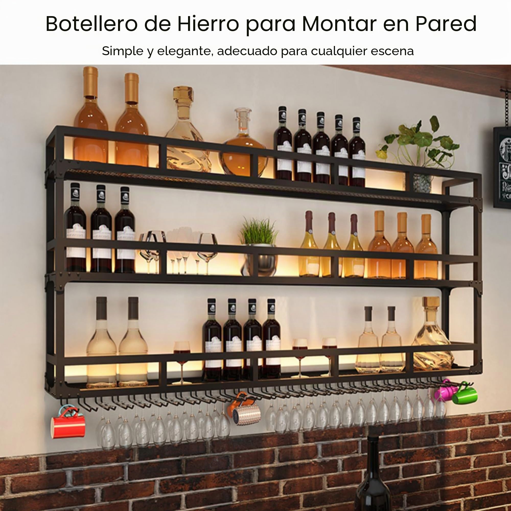Botellero Vino de Pared Mueble Bar Garrafeira de Vino Wine Rack Estanterias Colgantes con Soporte Copas Colgante y Luz LED para Salon Barra para Bar Mini Bar para Casa Sala de Estar y Cocina(Nero,150c