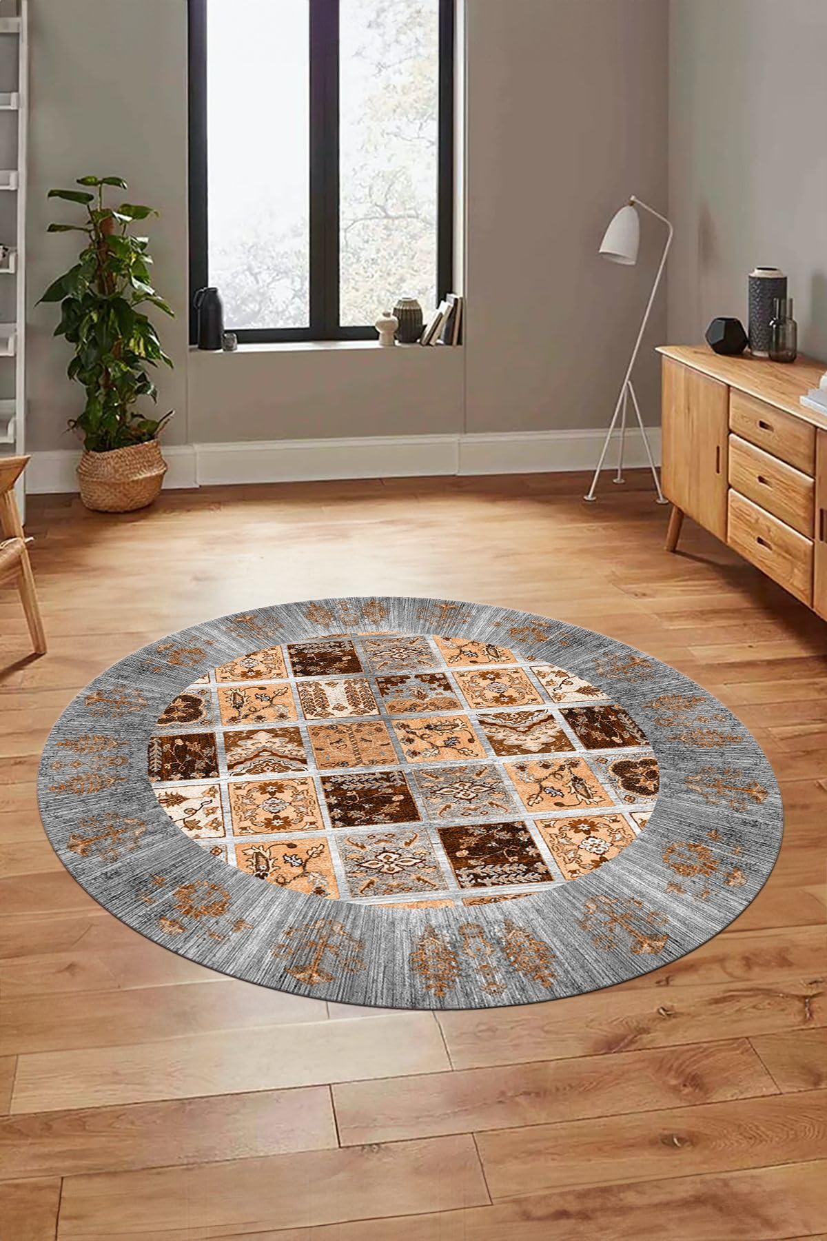 Evdeya Yeni Etnik Desen Kaymaz Taban Yıkanabilir Yuvarlak Mutfak Salon Koridor Halısı Y-ETNİK-18, Gri, 100 x 100