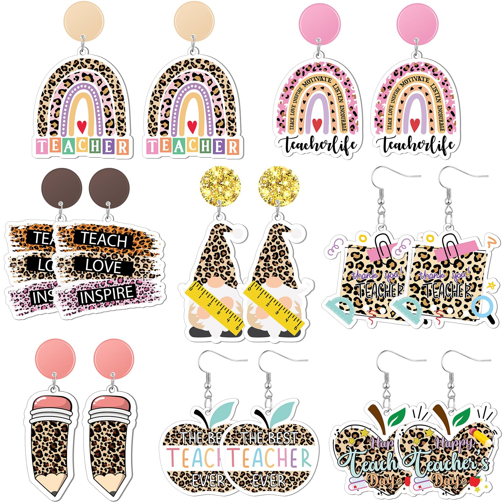 Ecation 8 Pairs Teacher Earrings for Women Back to School Acrylic Dangle Earrings Pencil Apple Jewelry Teacher Gifts