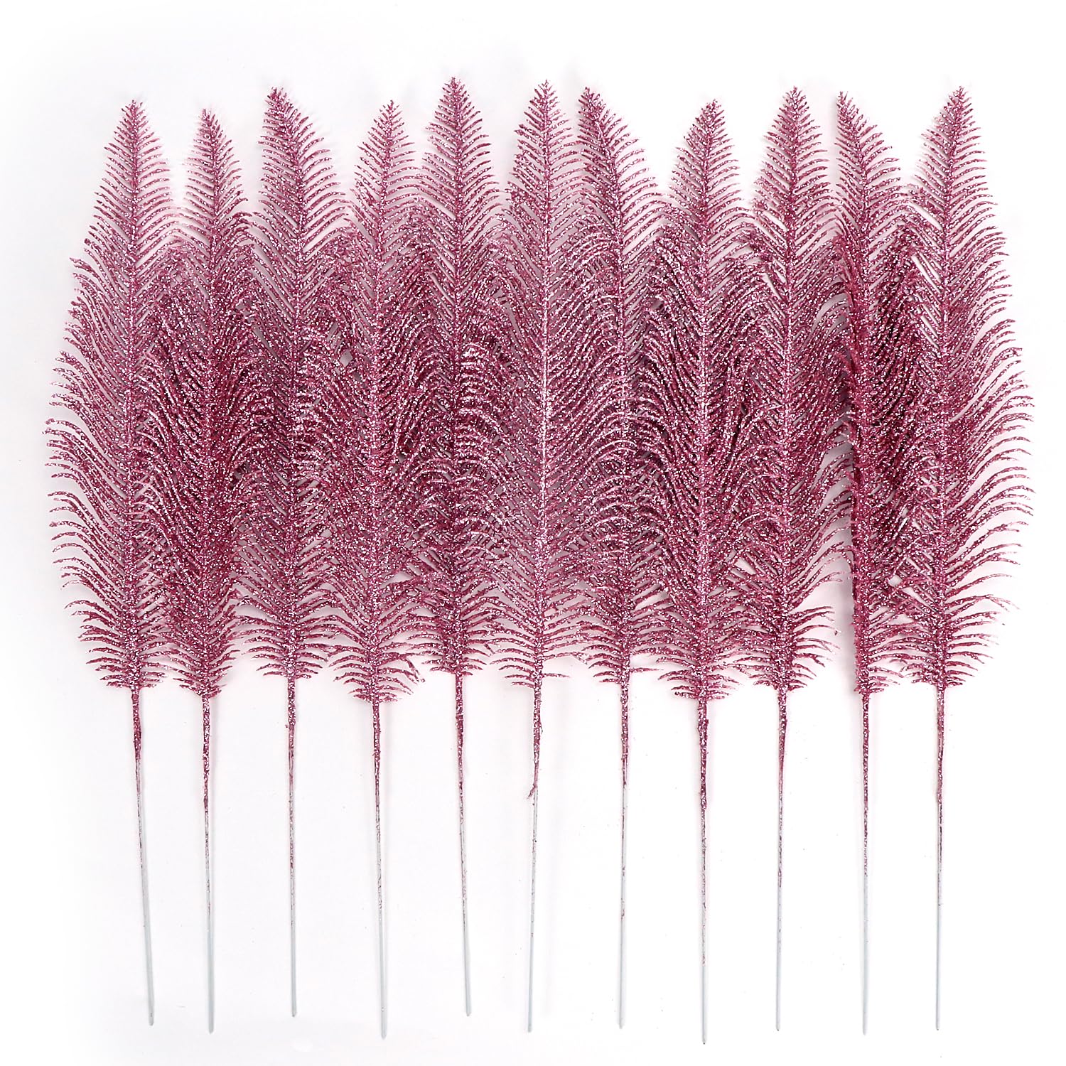 KKSTY Pack of 12 Artificial Glitter Feather False Leaves Christmas Tree Picks Sprays for Xmas Tree Carnival Party Decoration Festival Home Decor Flower Arrangment Vase Filler (Pink) - Image 3