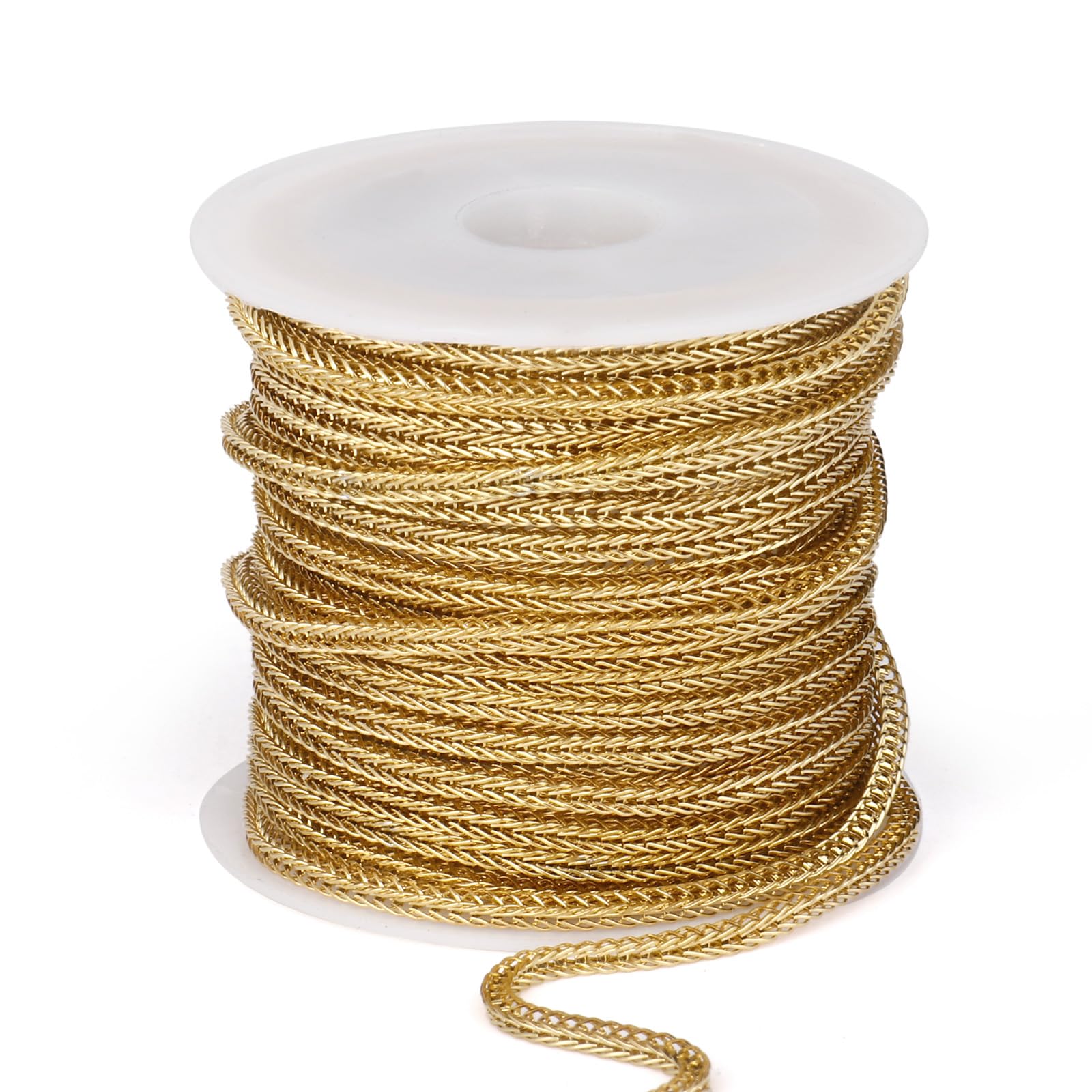 16.5 FT Gold Square Wheat Chains Bulk, 2mm 18K Gold PVD Plated 304 Stainless Steel Small Diamond Cut Braided Franco Chain Roll Spool for Jewelry Making