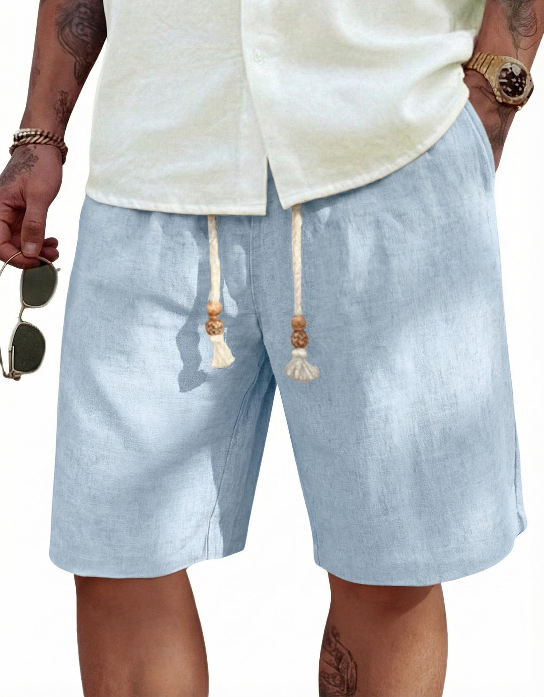 COOFANDY Men's Linen Shorts Casual Elastic Waist Drawstring Summer Beach Shorts