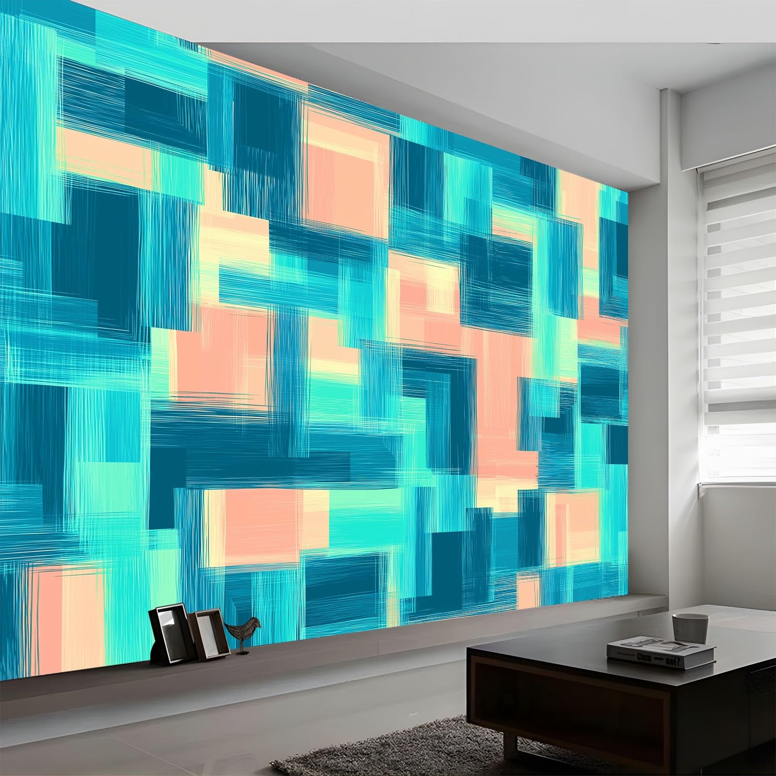 Panoramiczna tapeta 200 x 140 cm abstrakcyjna geometryczna kwadratowa włóknina XXL fototapeta dekoracja ścienna gobelin salon sypialnia - tapeta Trompe l'eil efekt 3D, niebieska