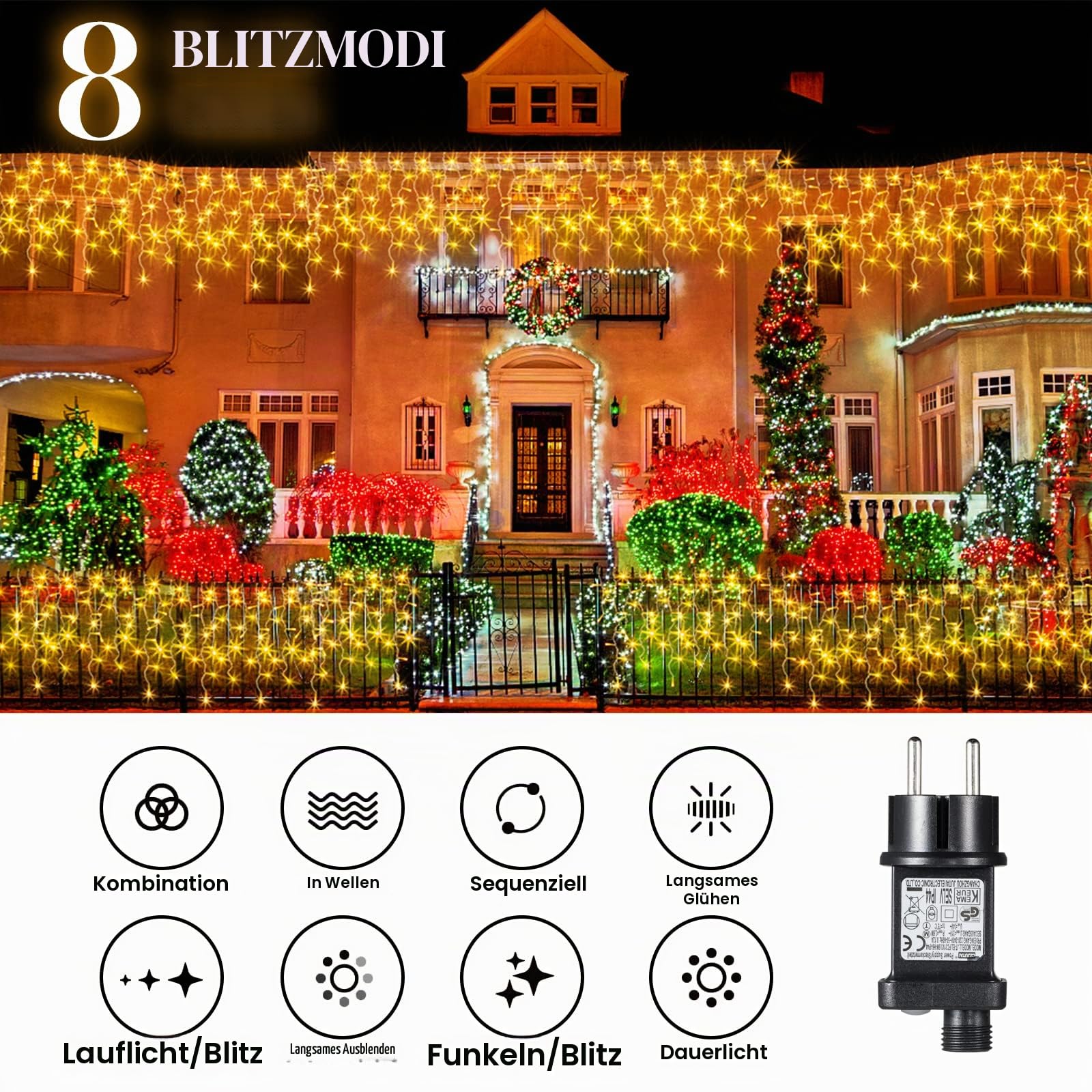 400 LED Eisregen Lichterkette Außen, 10M Erweiterbare Lichterkette Vorhang Fenster mit Timer Innen Strombetrieben 8 Modi IP44 Warmweiß Eiszapfen Lichtervorhang aussen für Traufe Garten Balkon