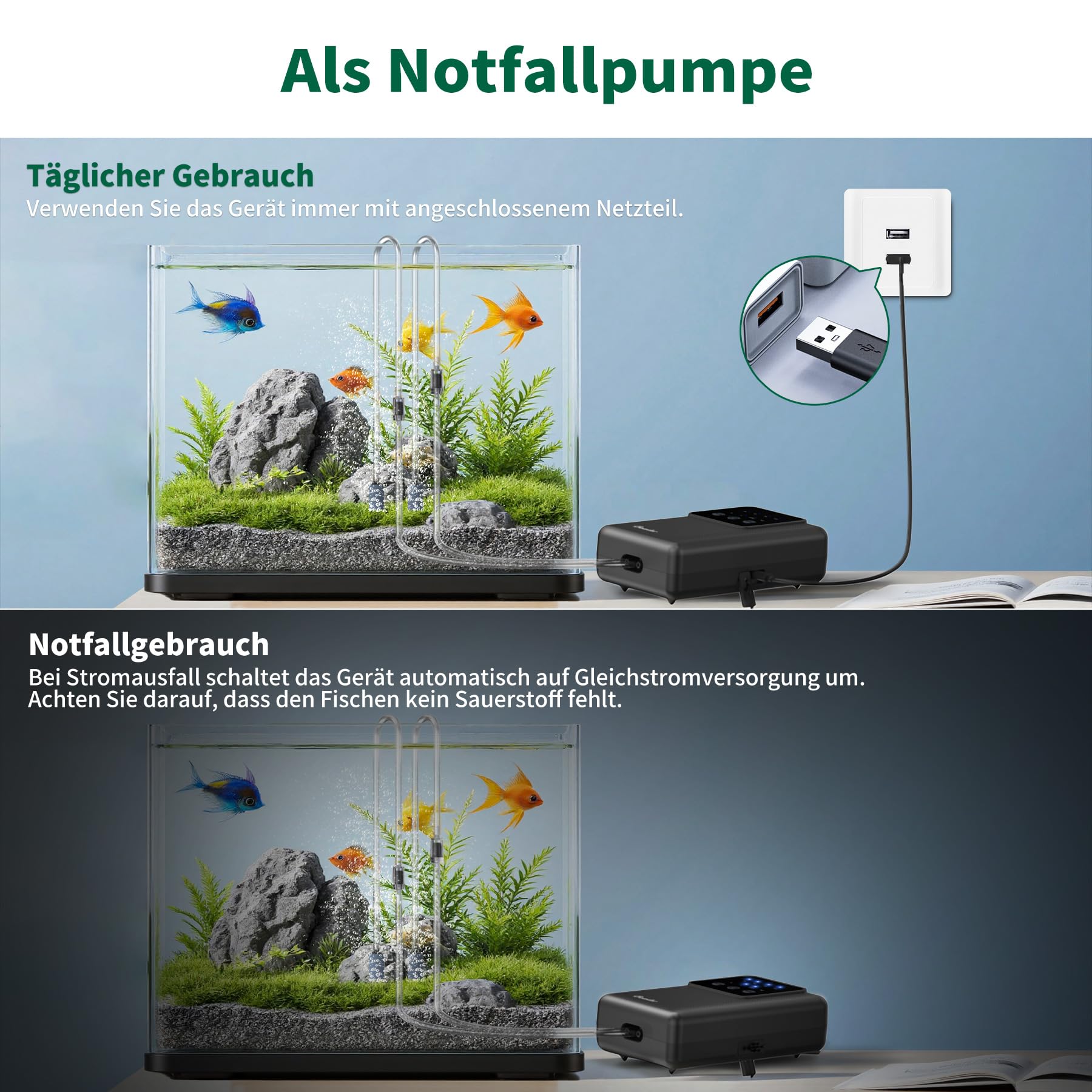 Boadw Pompa ad aria per acquario, pompa di ossigeno ricaricabile con batteria da 2200 mAh o 4400 mAh, per pesca all'aperto e interruzione di corrente, Nano Mini accessorio per acquario con pietra