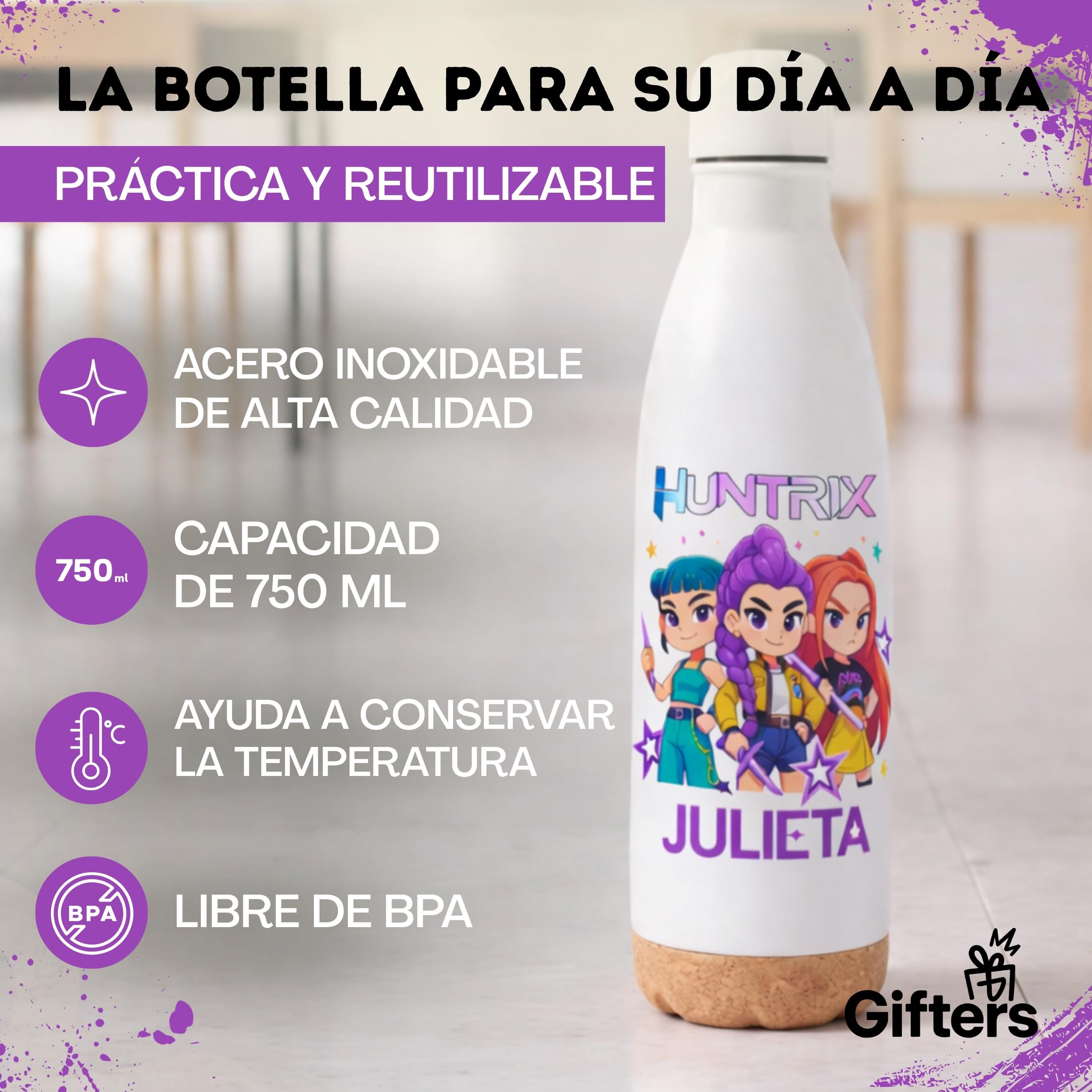 Gifters | Pack Mochila Cuerdas, Táper y Botella Personalizados con Nombre | Bolsa Tela 34 x 42 cm + Fiambrera + Botella Acero Inoxidable 750 ml | Guardería, Colegio, Excursiones y Educación Infantil
