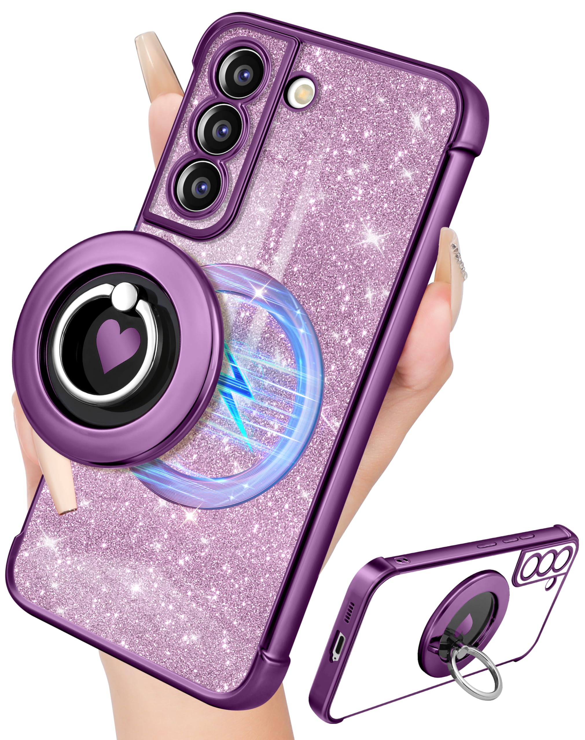 LISEVO for Samsung Galaxy S21 Case - Women Glitter Bling Compatible with MagSafe Ring Stand Magnetic Phone Case Cute Girls Sparkly Girly Luxury