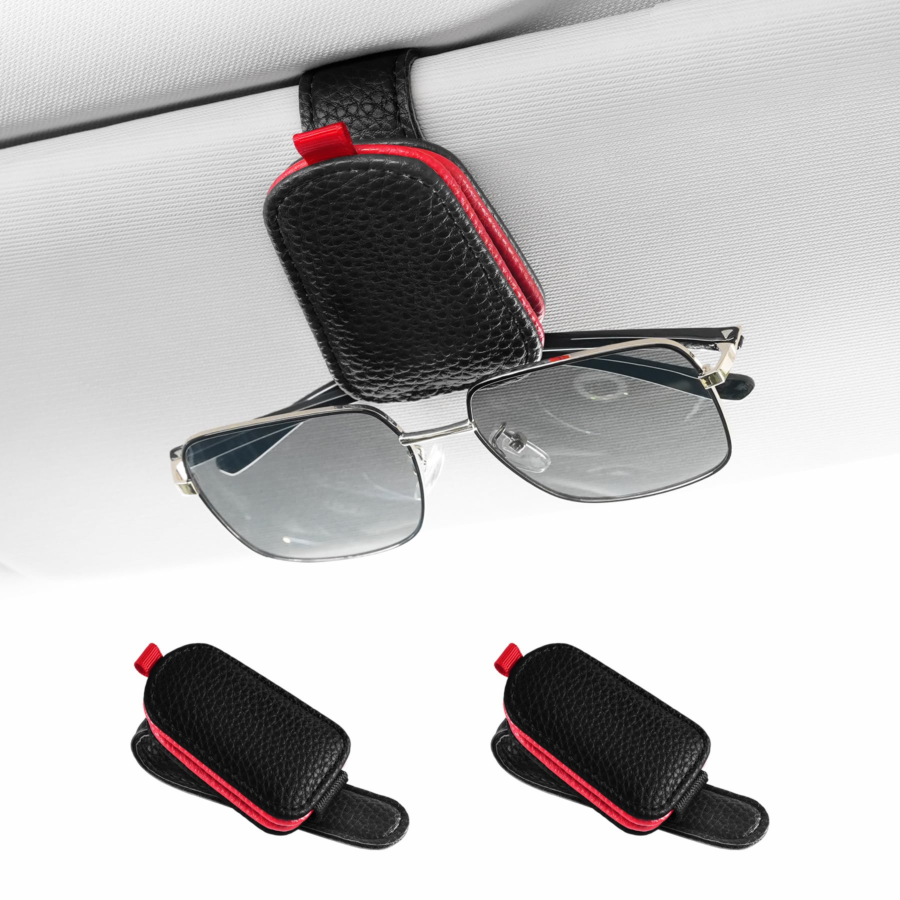 SINGARO Sunglasses Holder for Car, Leather Magnetic Buckle Sun Visor Sunglass Clip, Ticket Card Storage Glasses Clip, Car Interior Accessories for Men and Women（2PCS Black-red）