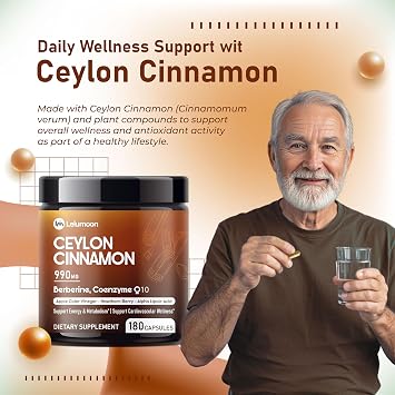 Ultra Ceylon Cinnamon 990 mg with Berberine, CoQ10, ACV & Hawthorn Supports Energy, Metabolism & Cardiovascular Wellness 180 Capsules
