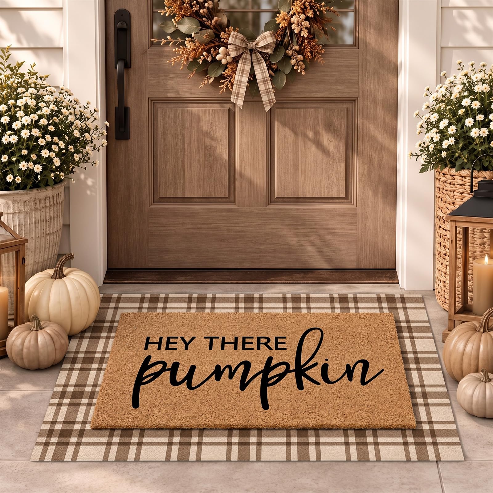 Photo 1 of Drydiet 2 Pcs Fall Thanksgiving Door Mat Set, Plaid, Medium, Brown, Beige