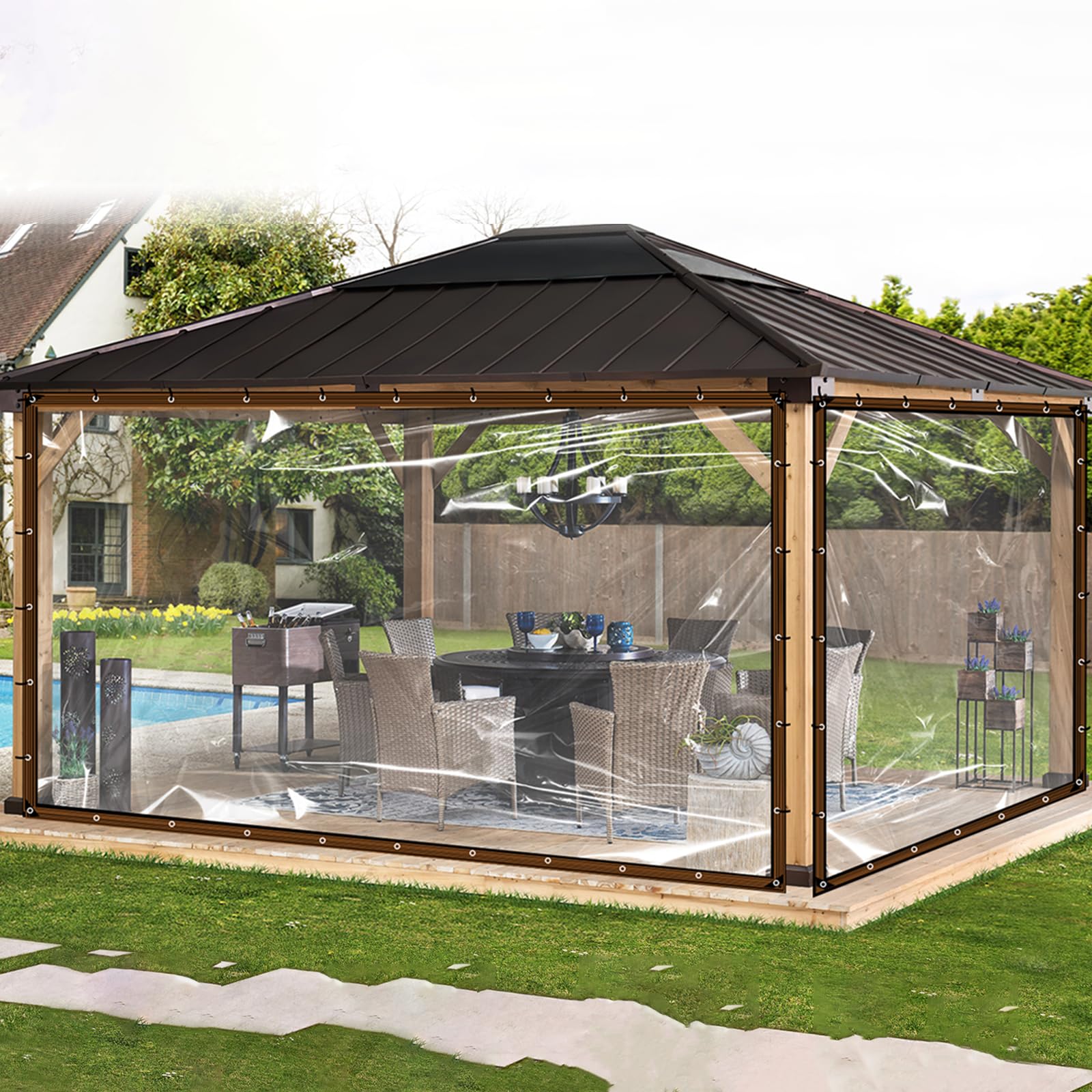 8X12FT Clear Waterproof Tarps(Increase Grommets,Windproof Rope) Poly Tarpaulin Outdoor Garden Rainproof Covering,Clear Vinyl Tarp with for Patio