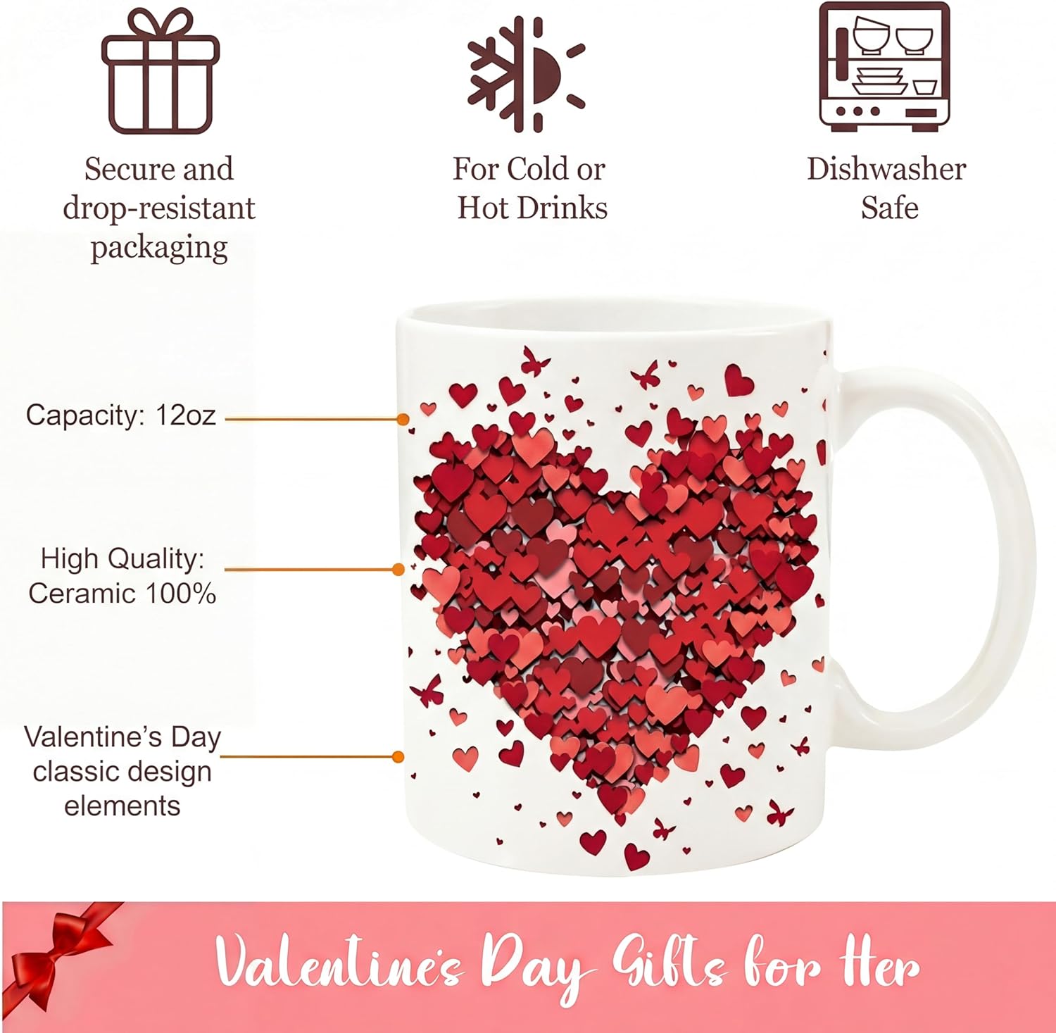 Yungyan 4 Pcs Valentine's Day Coffee Mugs 12 oz Ceramic Mugs Hearts Gnome Cup Bow Ribbon Mug Gifts for Women Anniversary Wedding Table Centerpieces Birthday Party Supplies