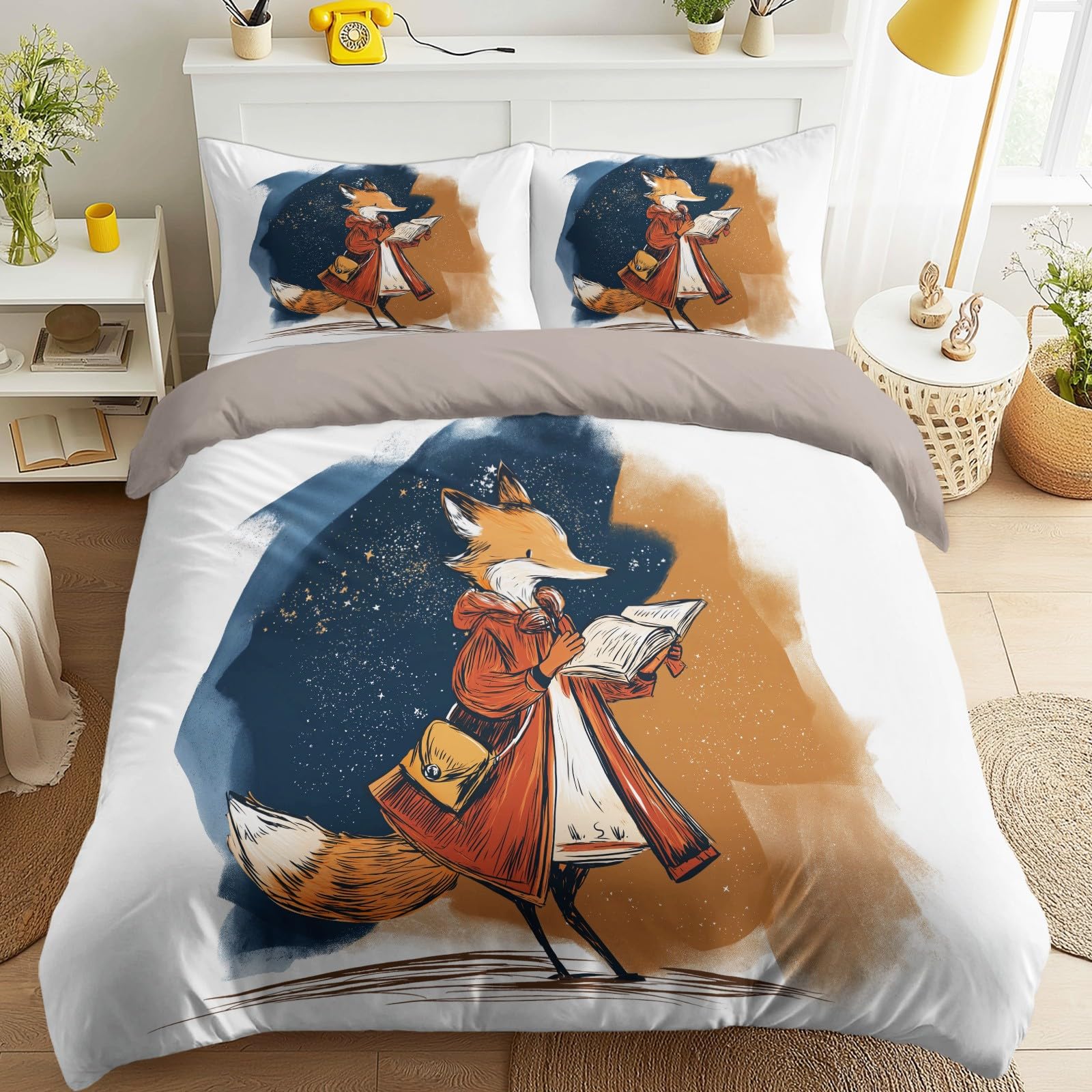 Housse de couette doux chaud renard 180 x 220 cm avec deux taies d'oreiller anime