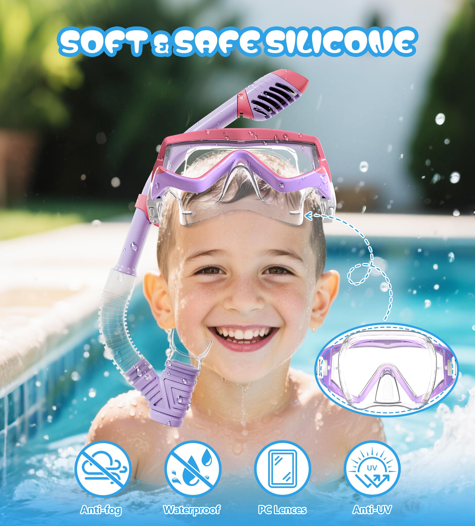 Aegend Maschera da snorkeling per adulti, ragazzi e bambini, con valvola di asciugatura superiore, vista panoramica, anti-perdite e anti-appannamento, con borsa a rete per snorkeling, immersioni