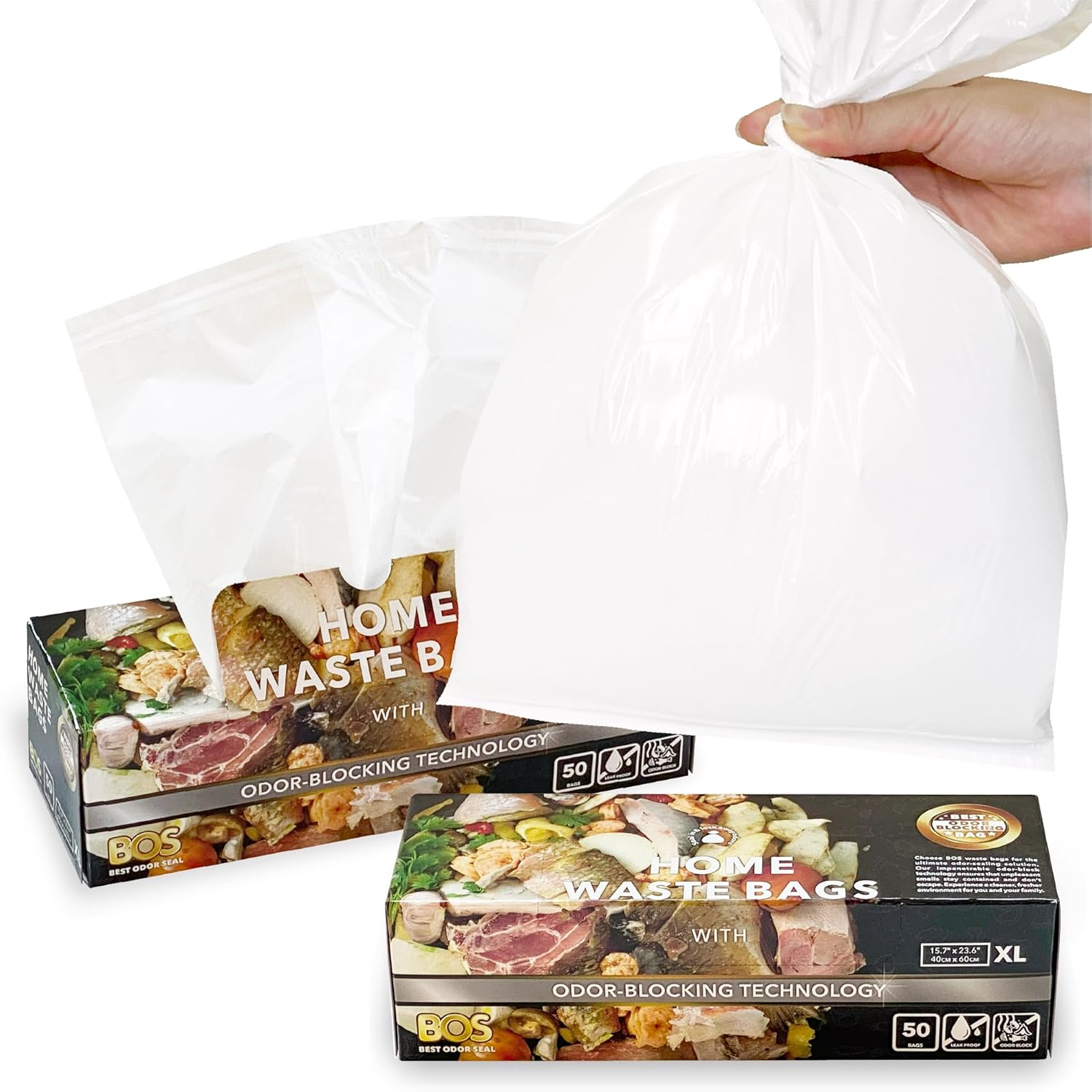 BOS Odor-Sealing Kitchen, Home & Food Small Trash Bags for Waste- Disposable Bags - Scent & Smell Free (50 Bags) [Size XL, Color White] (Pack of 2)