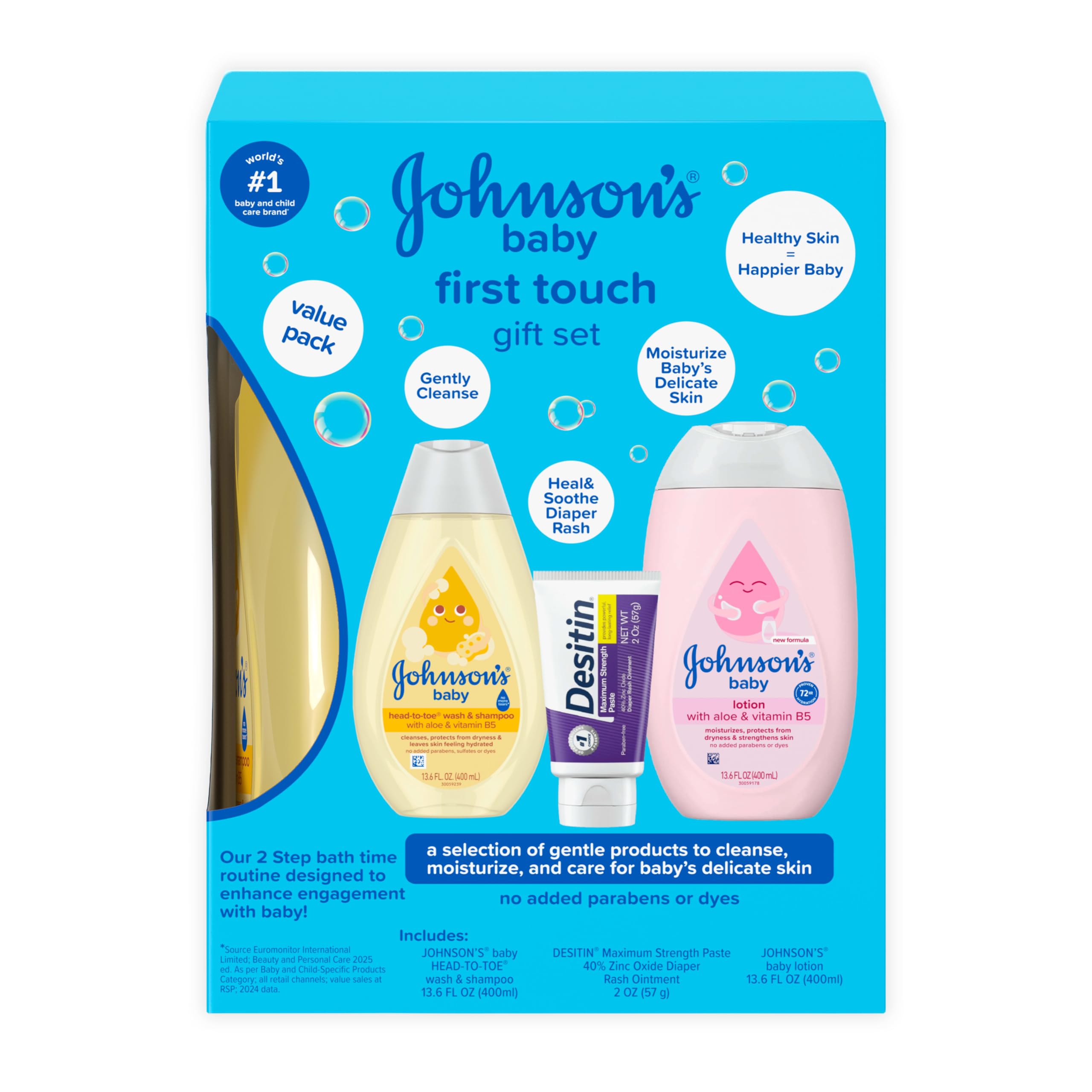 Johnson's Baby First Touch Gift Set, 3 Items | Baby Wash & Shampoo, Baby Lotion, Zinc Oxide Diaper Rash Paste, Hypoallergenic