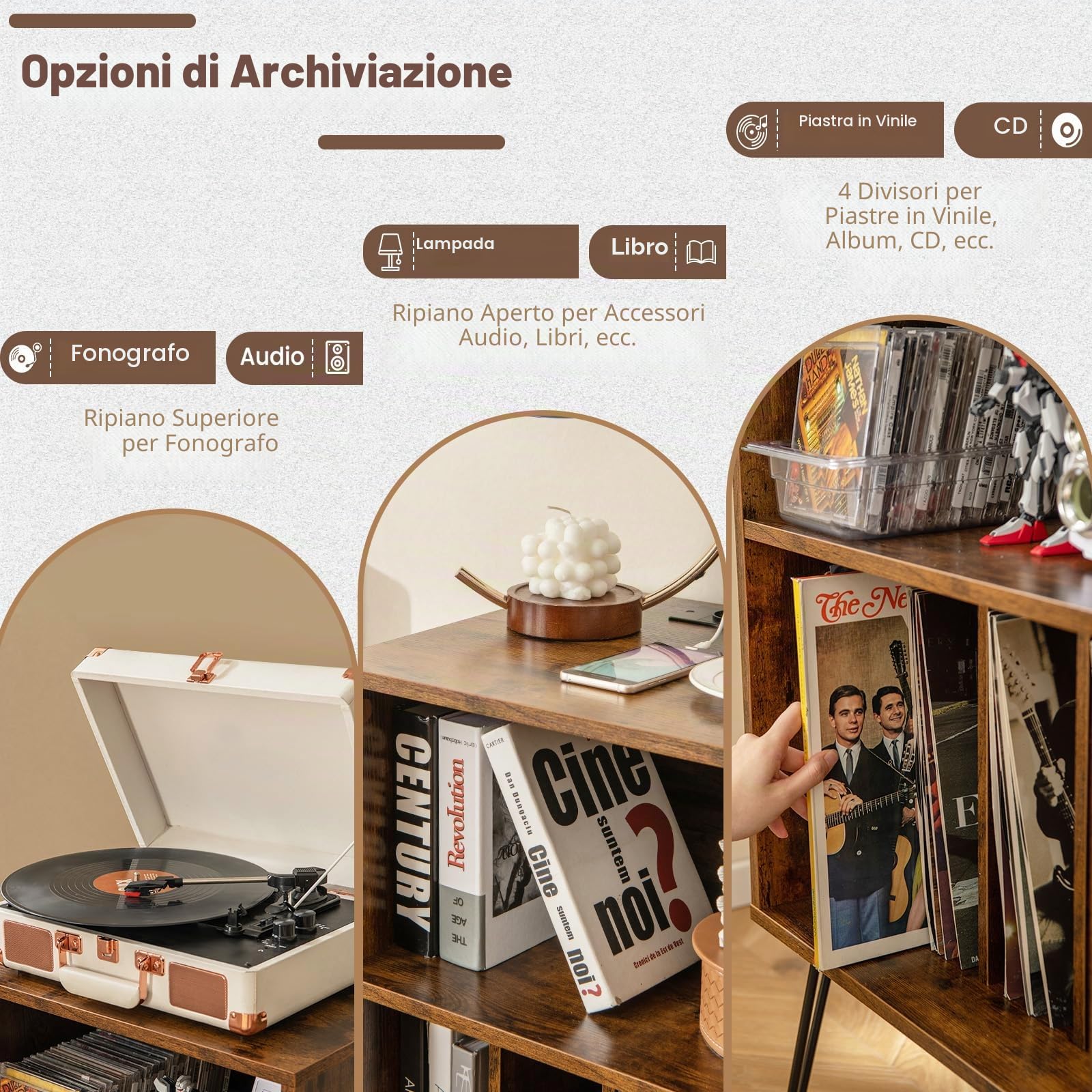 KOMFOTTEU Supporto per Giradischi in Vinile con Stazione di Ricarica, 5 Scomparti, Espositore per Dischi con Gambe in Metallo, Mobile Giradischi Capacità di Carico 50kg, 48 x 40 x 88 cm (Marrone)