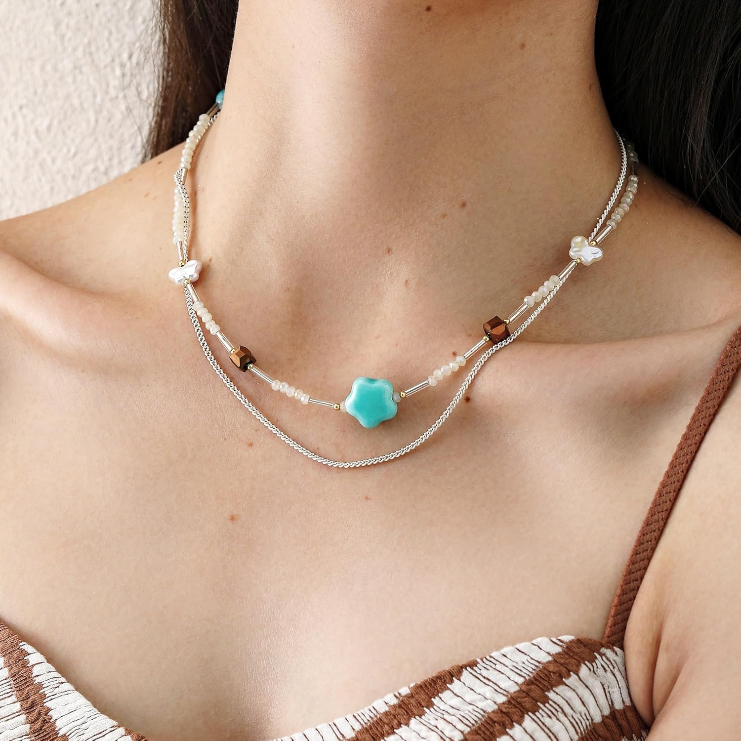 Beaded Necklace for Women Trendy, Boho Beaded Glass Silver Mixed Strand Short Necklace for Women Stacking layered necklaces Summer Beach Jewelry - Image 3